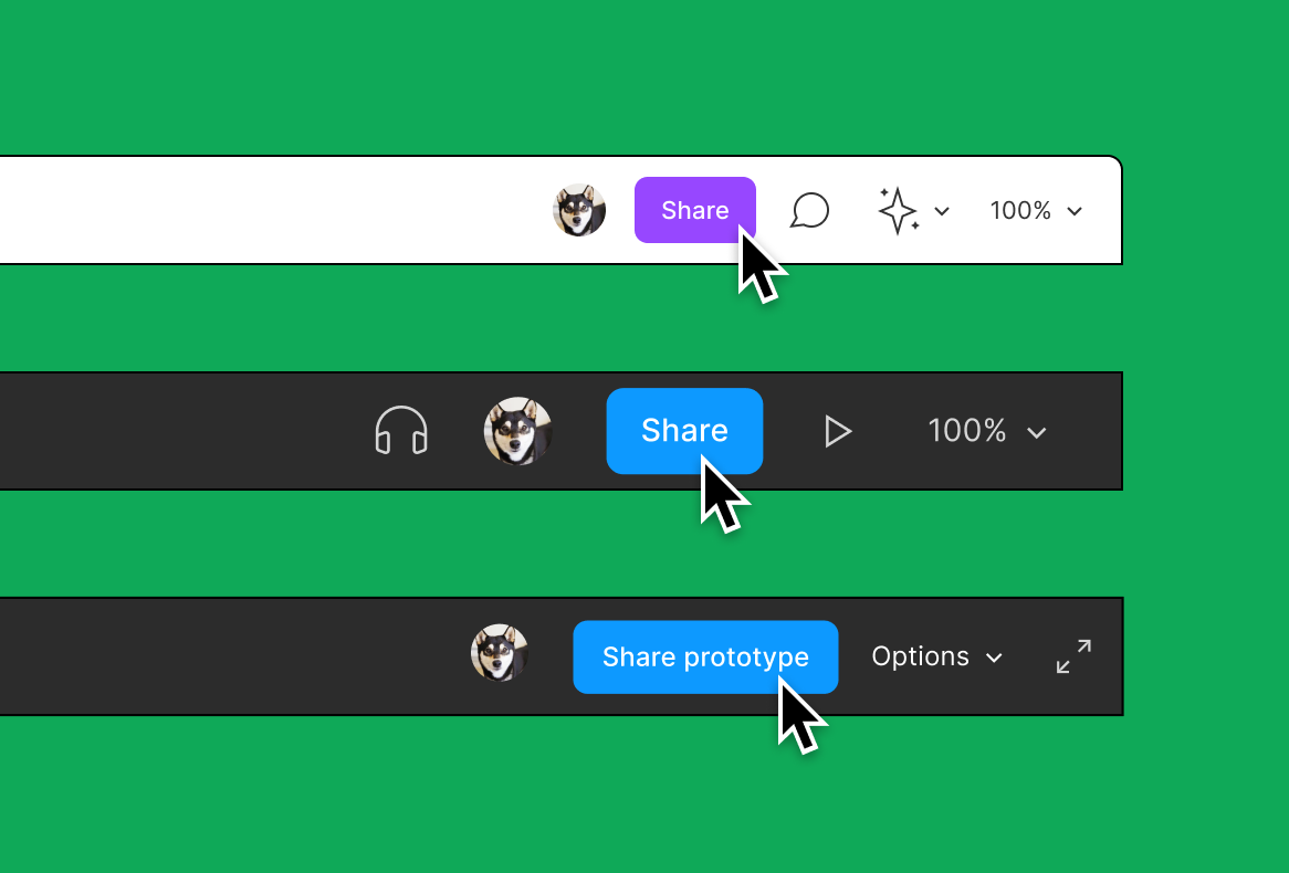 Darstellung der oberen Werkzeugleiste in Figma-, FigJam- und Prototyp-Dateien.