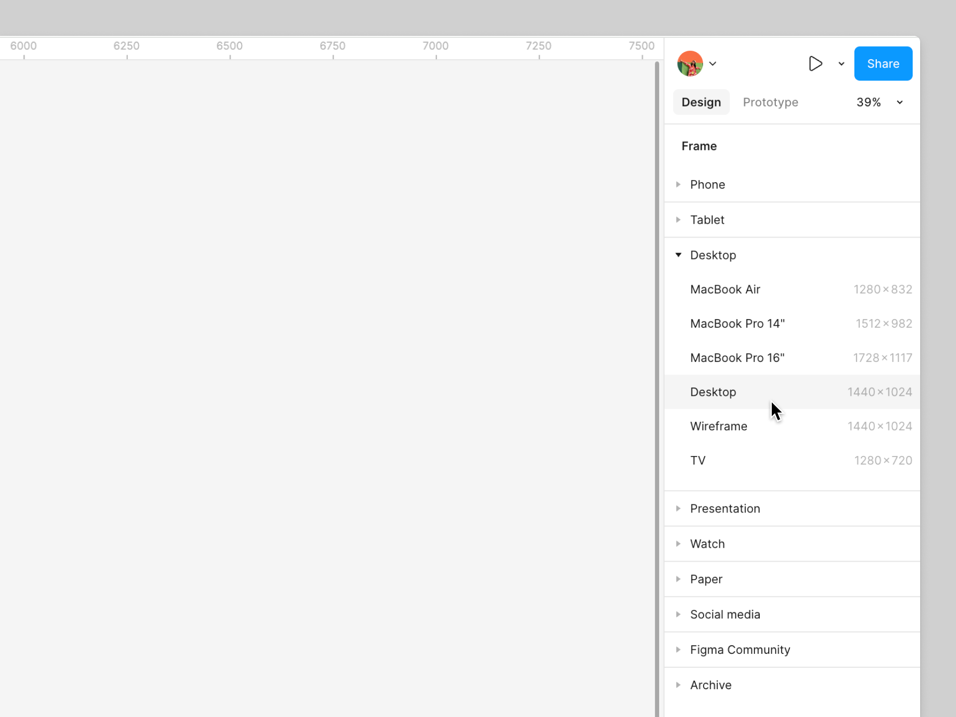 Add a frame preset from the right sidebar