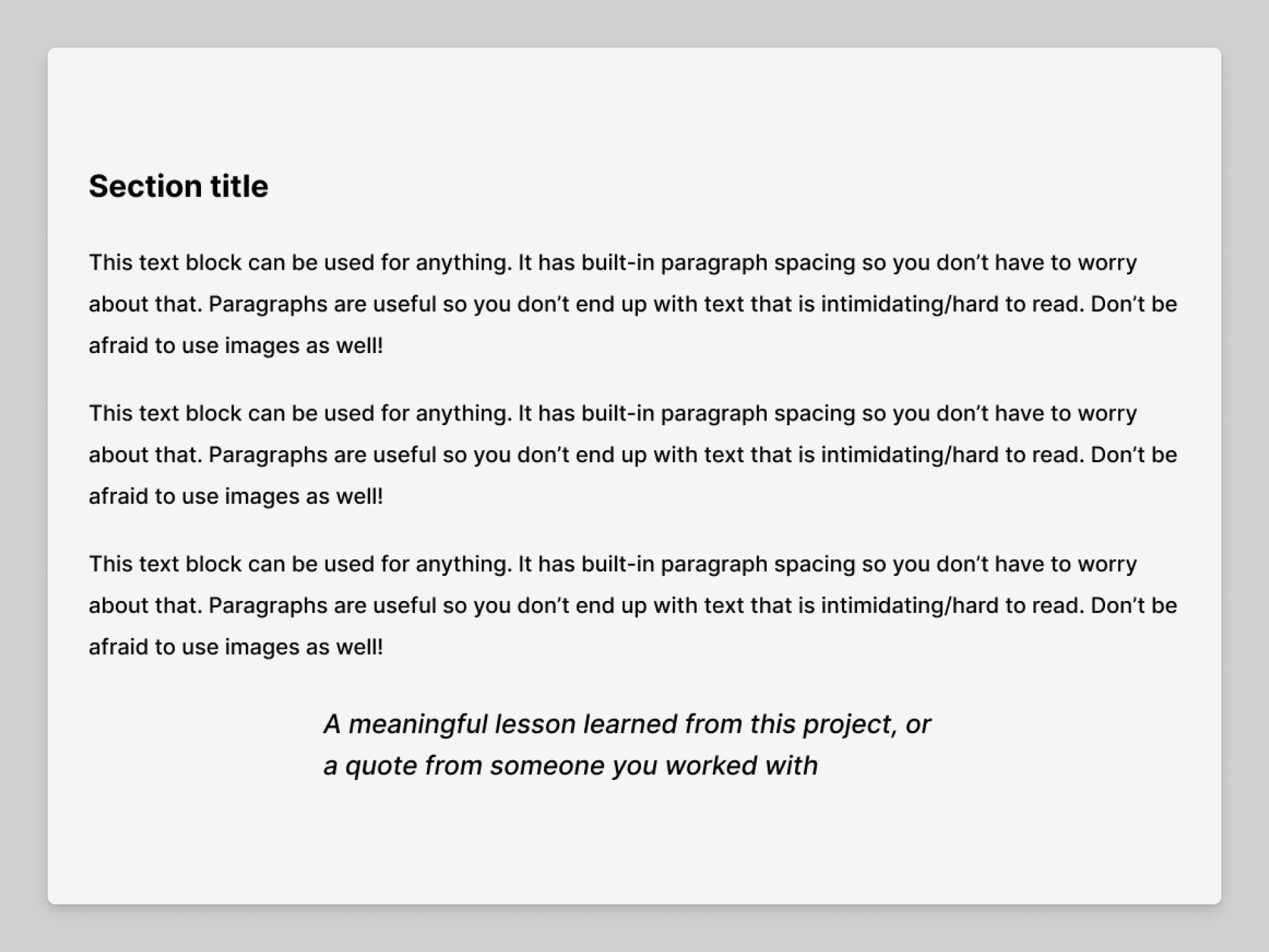 In this lesson, we're building the section title, paragraph text, and quote block.png