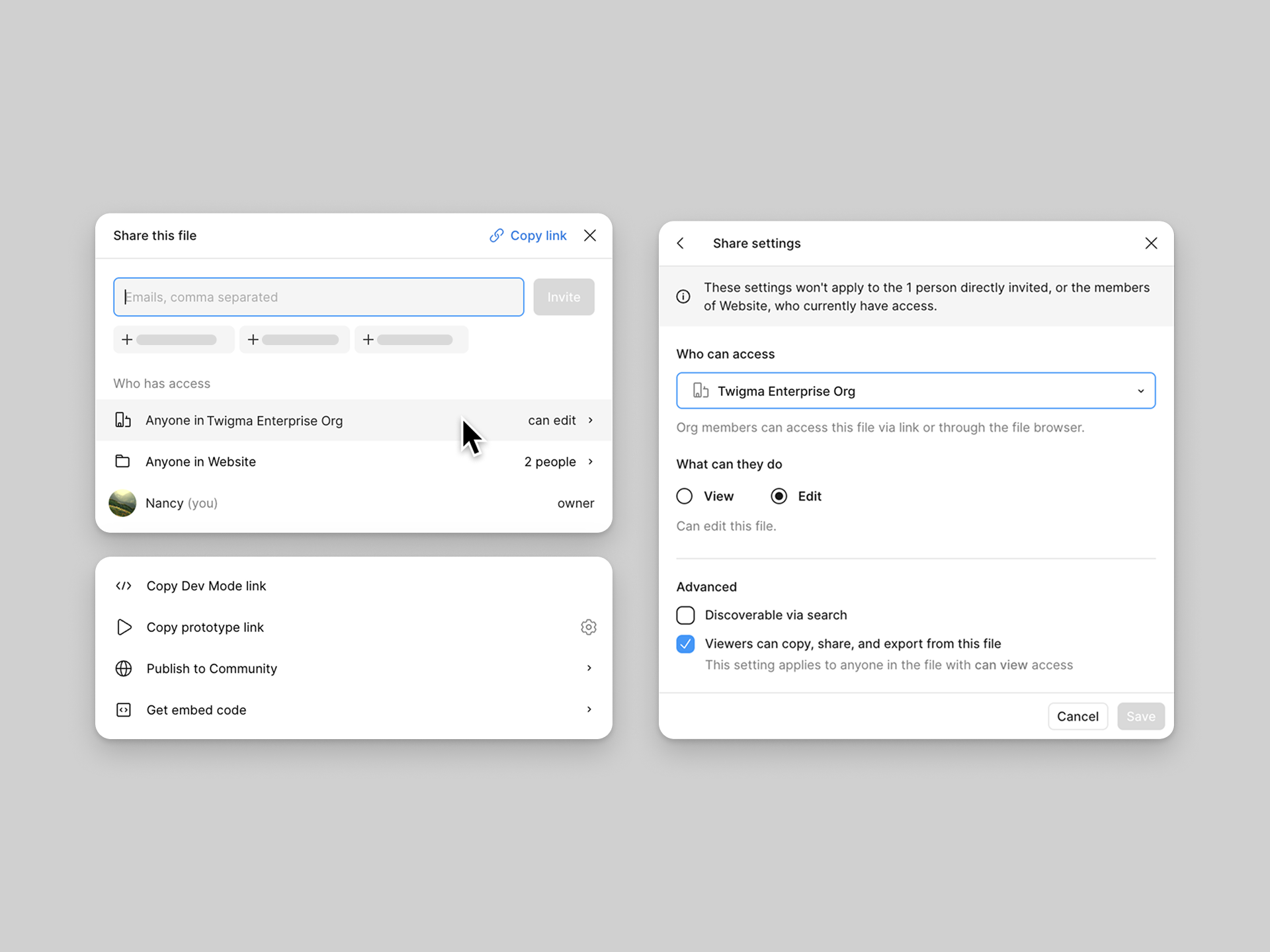 The share settings modal allows you to choose who can view or edit this file.