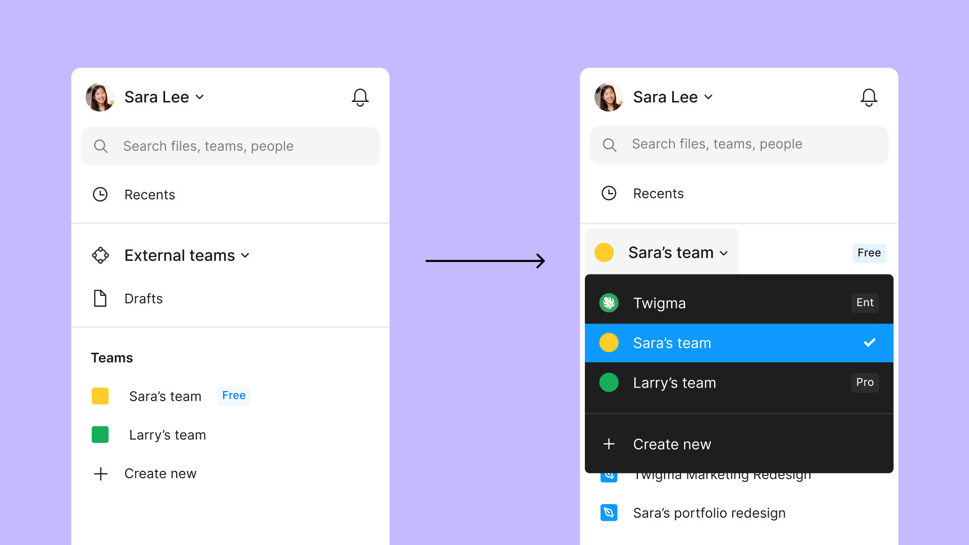 Schermafbeeldingen van de voor- en na-status naast elkaar. In de voor-afbeelding is er een item in de zijbalk met de naam Externe teams. In de na-afbeelding zijn alle teams aanwezig in de teamschakelaar.