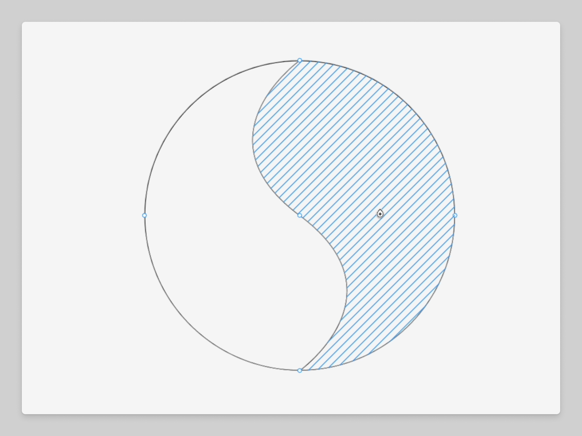 Een cirkel met een gebogen lijn door het midden. De vulkleur-cursor zweeft over de rechterhelft van de cirkel en er verschijnen blauwe diagonale lijnen.