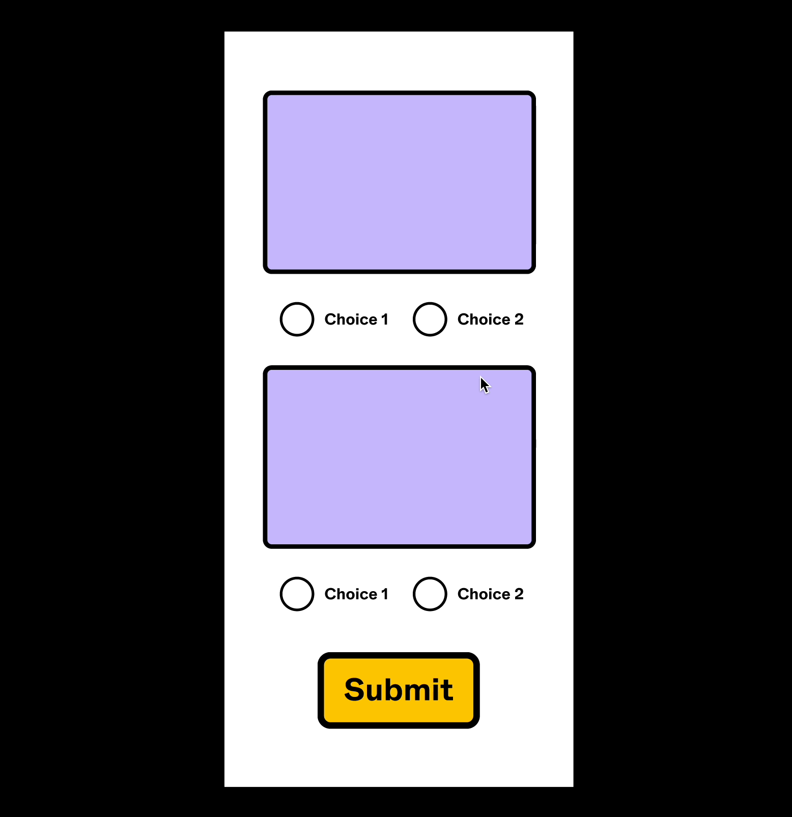Een prototype. Het ontwerp bevat twee vragen, en wanneer een antwoord leeg blijft, verschijnt er een foutmeldingendeklaag.