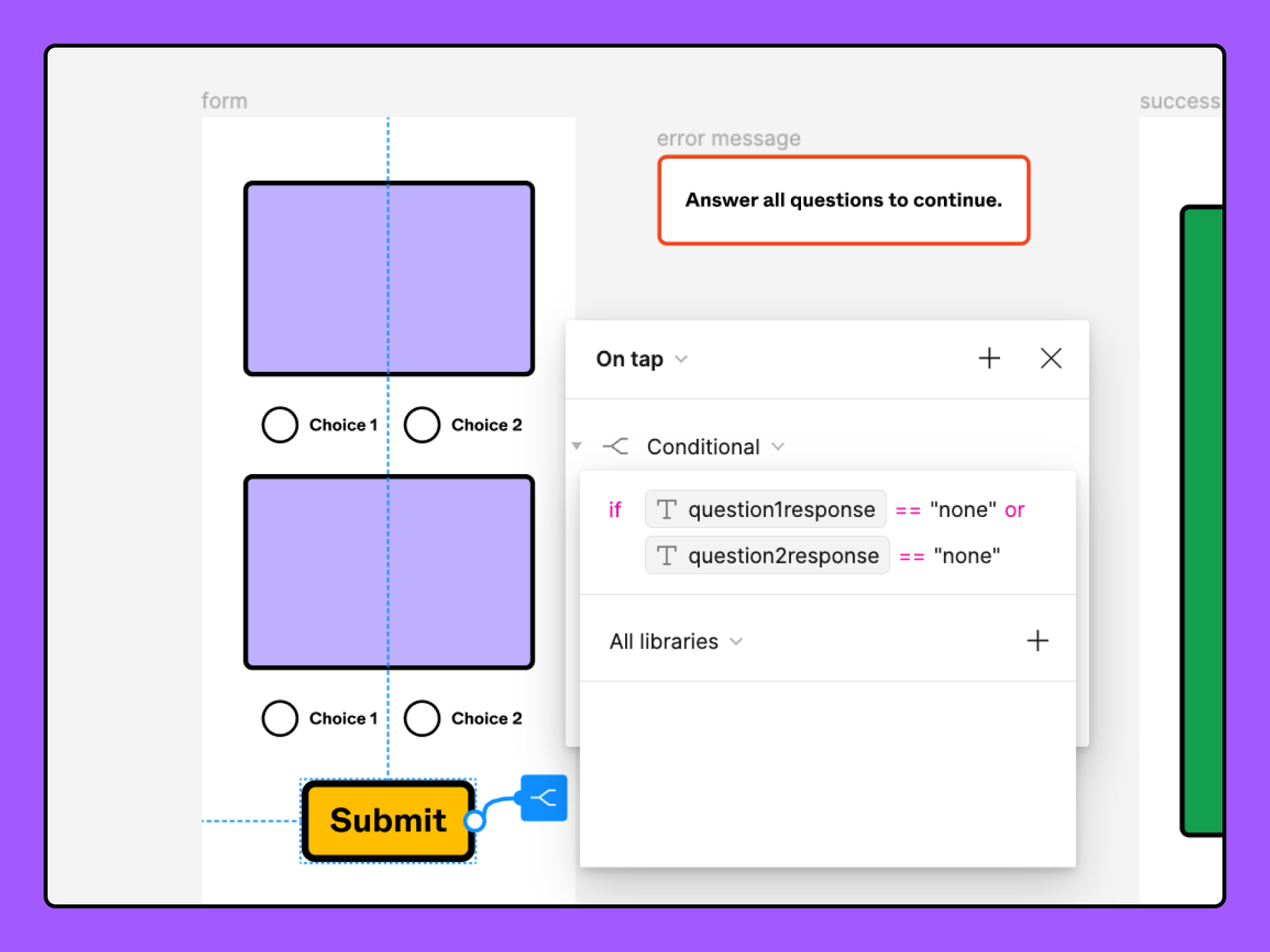 Interactiegegevens over een Verzendknop, inclusief een voorwaardelijke instructie.