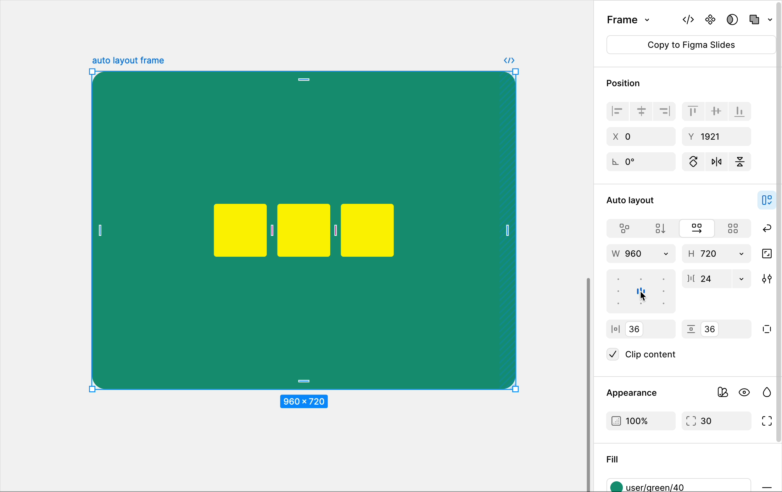 A green auto layout frame with 3 yellow squares. A cursor clicks through the different options from the alignment box in the right panel. 