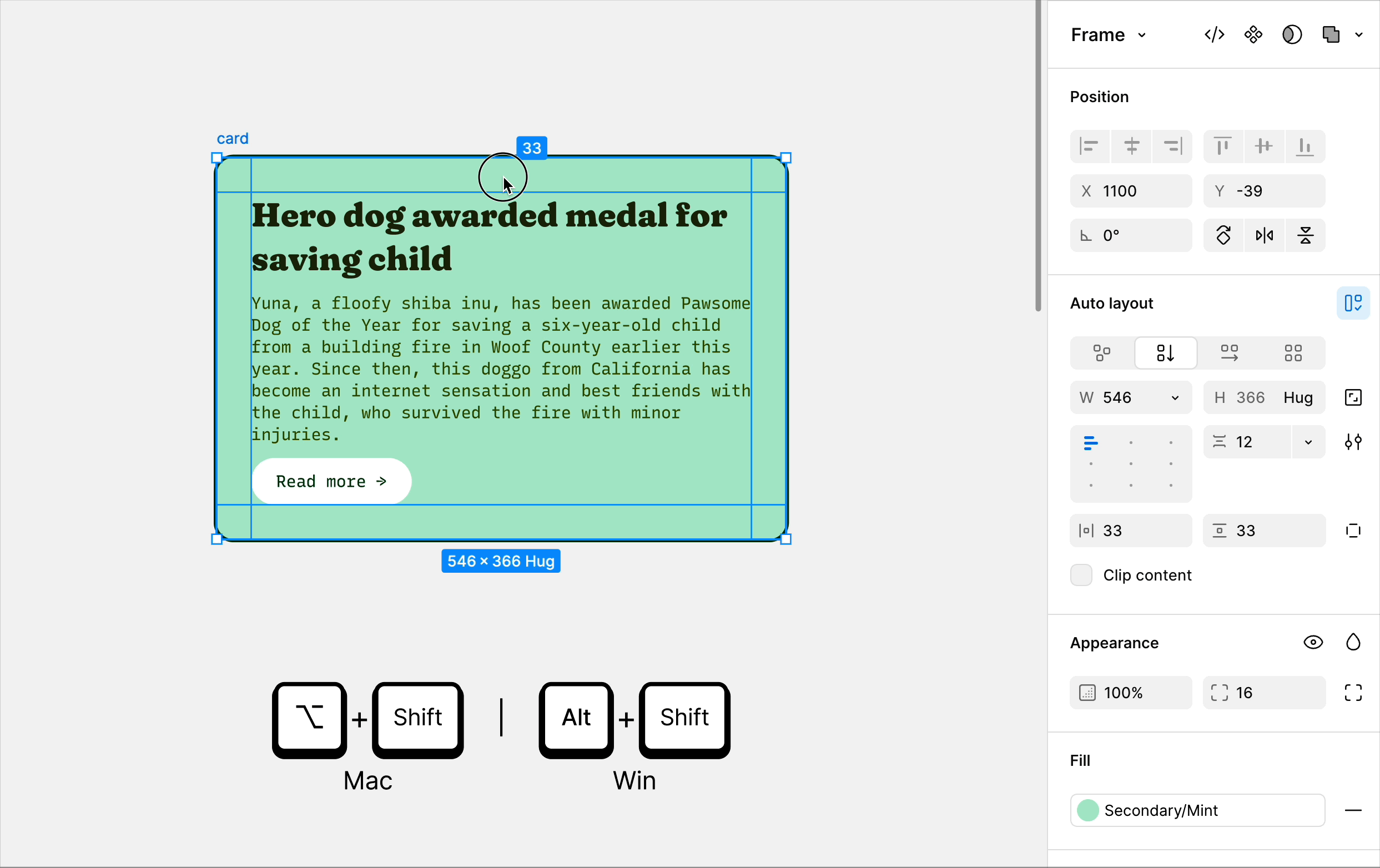 A light-green blog card asset containing a title, description, and a read more button. Auto layout is applied to this asset. The keyboard shortcut for changing padding on all sides displays below it. A cursor uses that keyboard shortcut while clicking and dragging the top pink handle of the auto layout frame.
