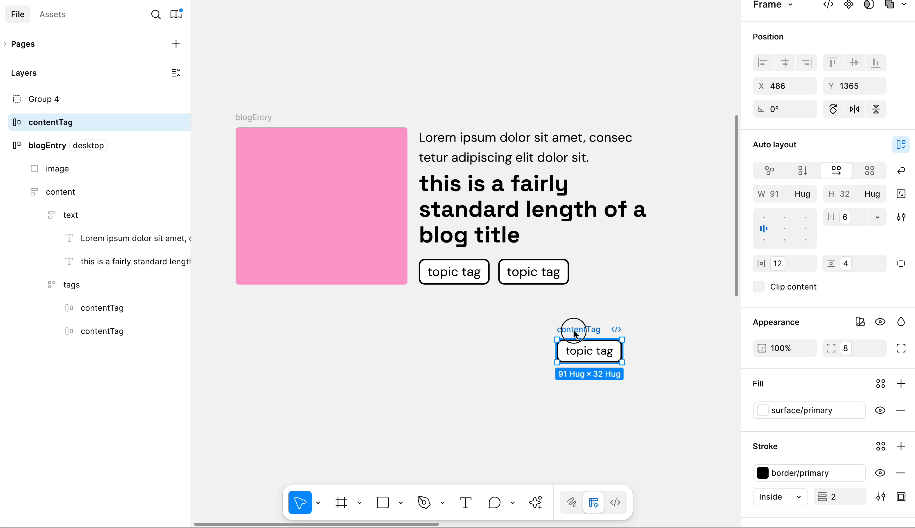 A landscape blog entry card with a pink square on the left, and vertical auto layout frame with description text, title text, and a horizontal auto layout frame of two topic tags. A cursor drags a third topic tag into the topic auto layout frame. Then drags the title text layer above the description text to reorder it. 