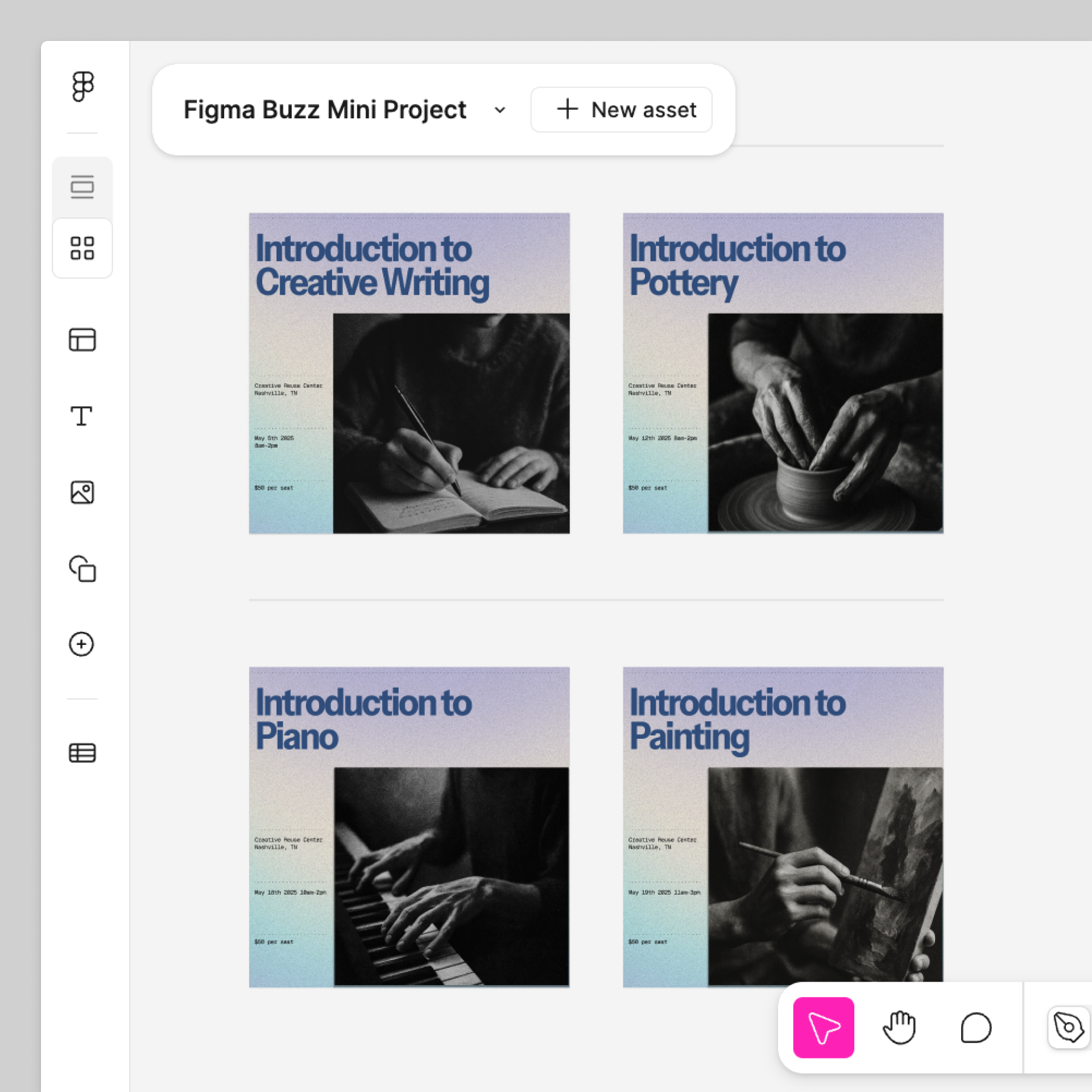Four ads for a workshop series, made in Figma Buzz.