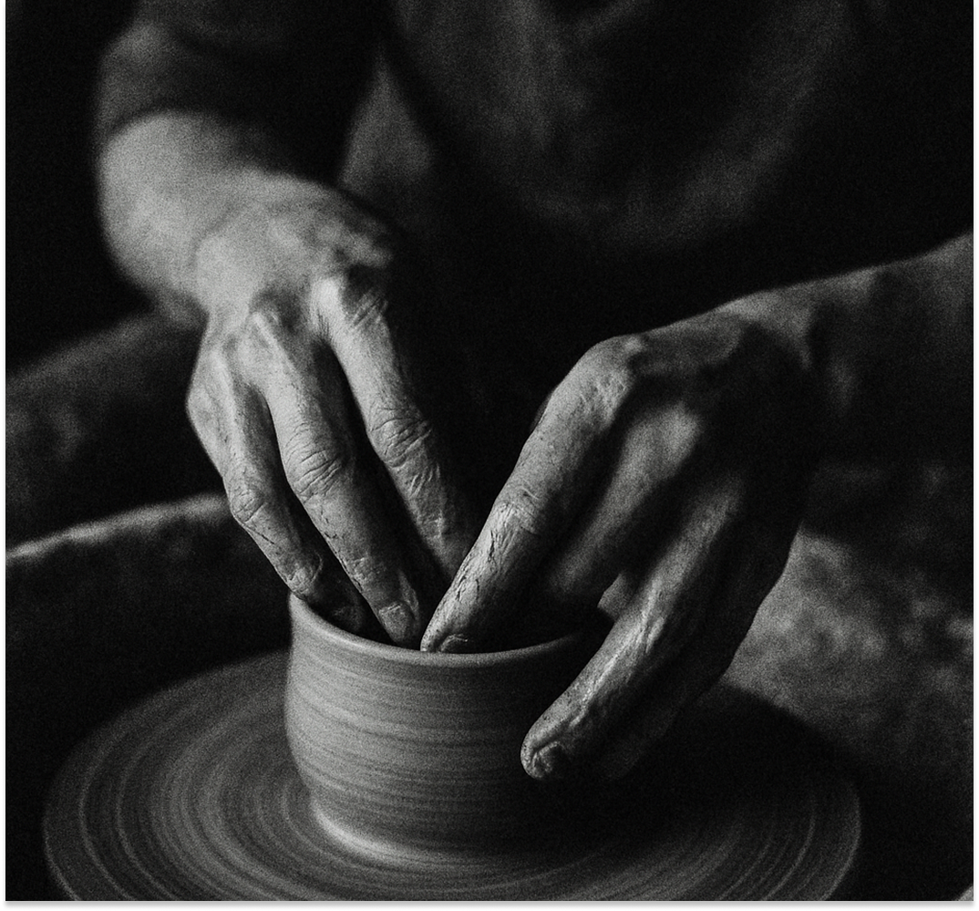 a black and white, artistic, and grainy image of a person at a pottery wheel. Should be an up close image, so that only their hands are in focus or their body is at least partially obscured.