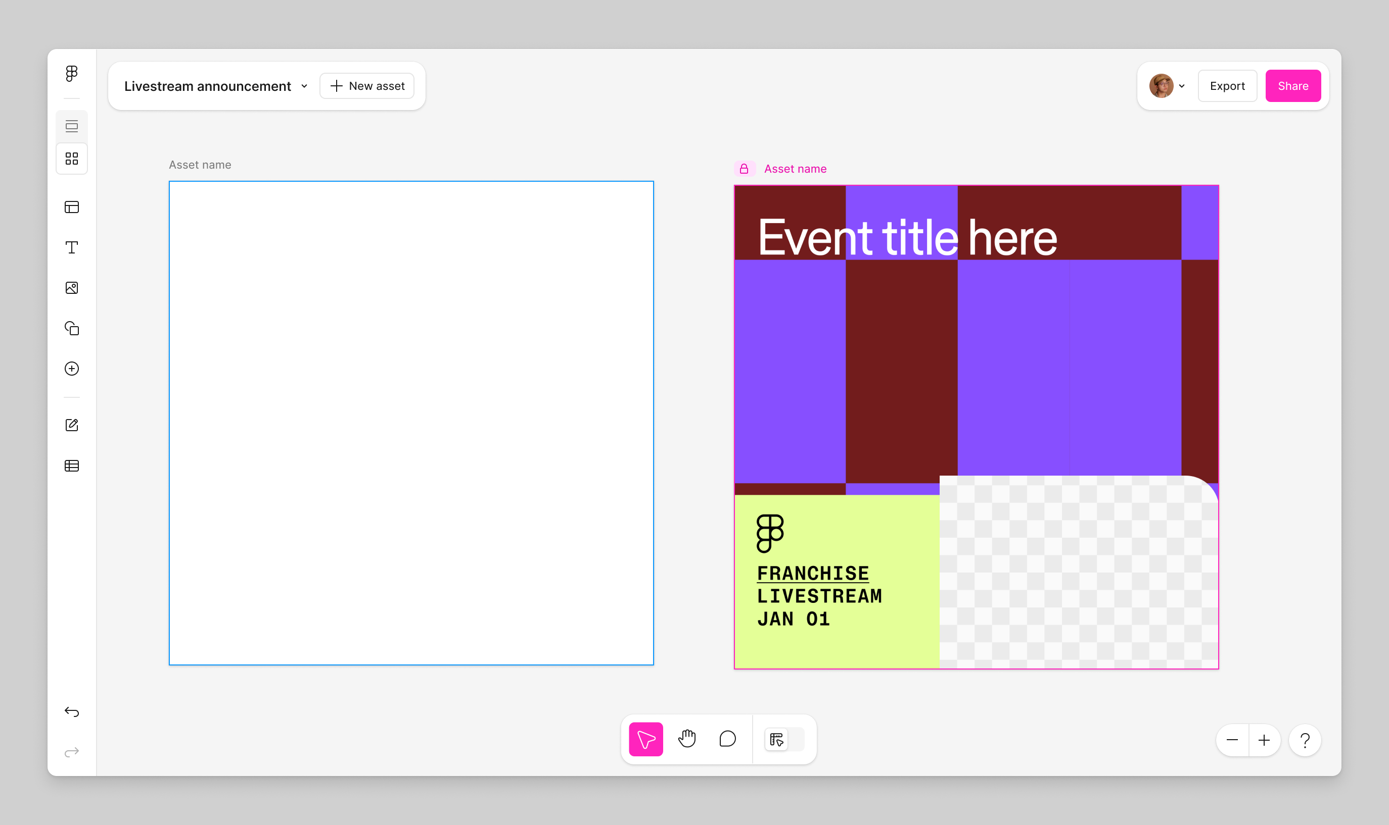 Figma Buzz canvas with a new custom asset and an asset with template guidelines side by side.png