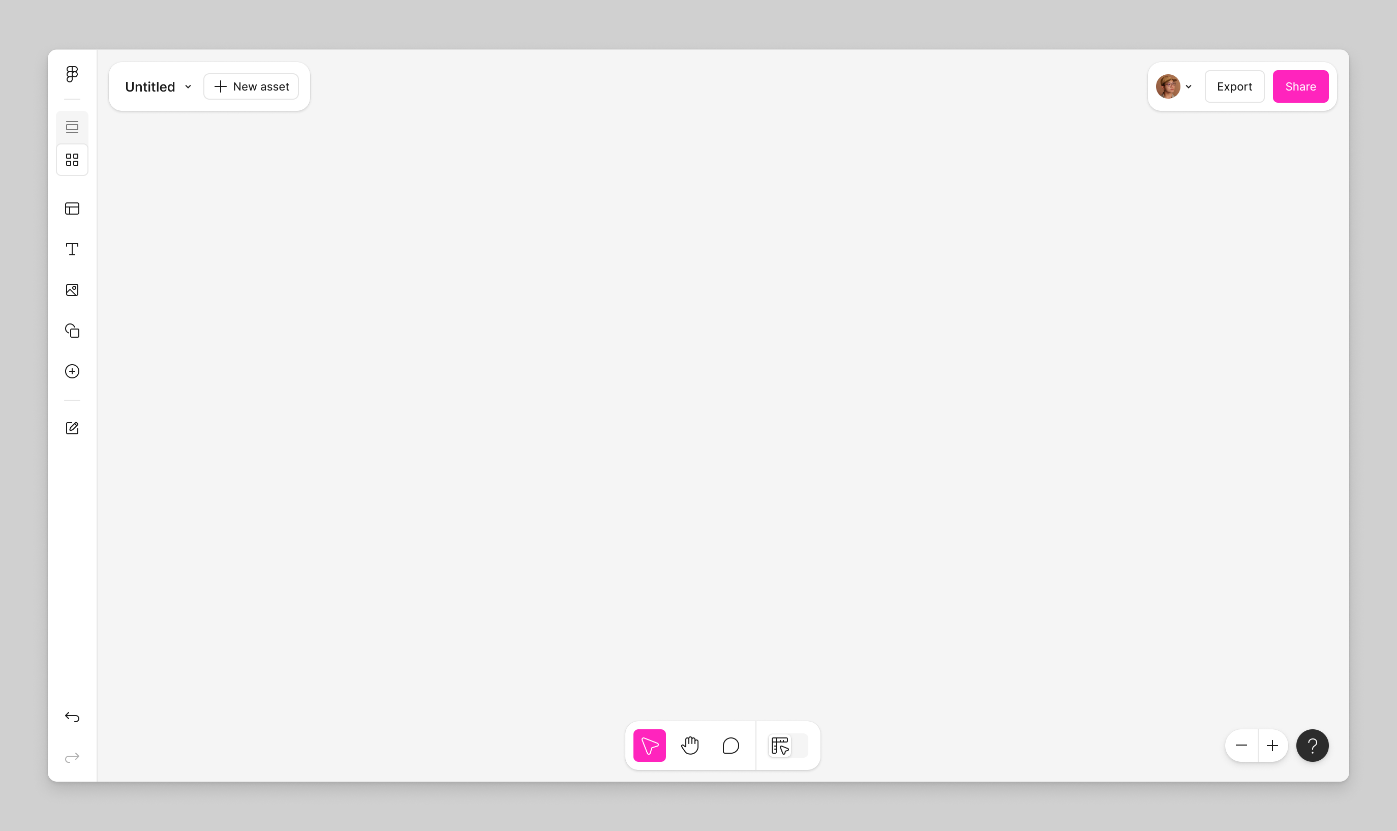 Figma Buzz UI in Grid view showing a blank canvas and the main panels..png