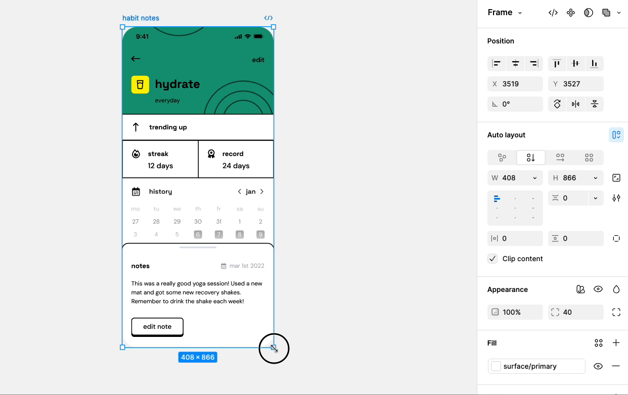A mobile frame with a popup panel at the bottom of a screen. A cursor selects the panel, clicks the constraints button, and changes the horizontal constraints from 'left' to 'left and right'. When resizing the mobile frame horizontally, the panel expands.