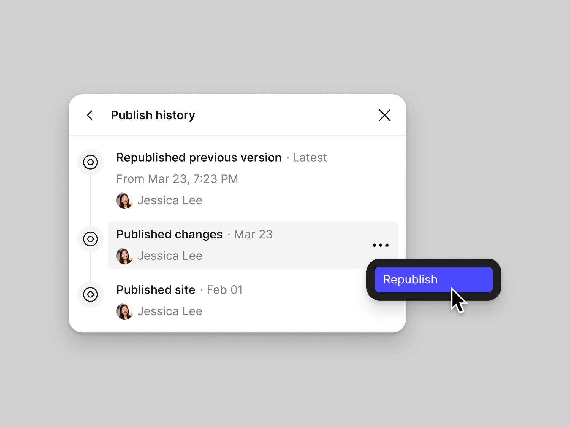 Publish history menu showing options for republishing changes, highlighting the "Republish" button.