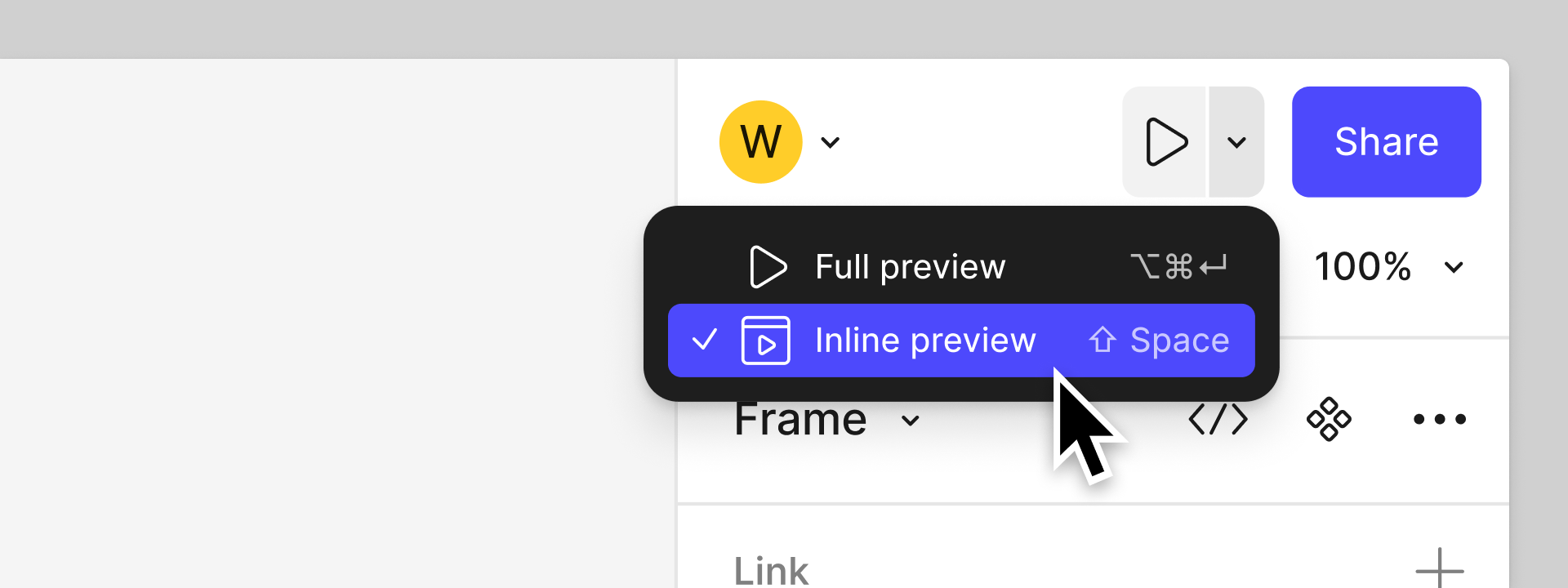 Closeup of the right sidebar where the users has clicked the play button and has the option to open a full screen or inline preview