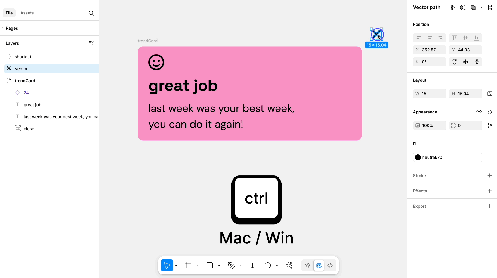 Figma Design 파일에서는 Ctrl 키를 누른 상태에서 커서가 X 아이콘을 오토레이아웃 프레임으로 끌어다 놓을 수 있습니다. 커서를 사용하여 프레임의 오른쪽 상단 모서리에 X 아이콘을 놓습니다.