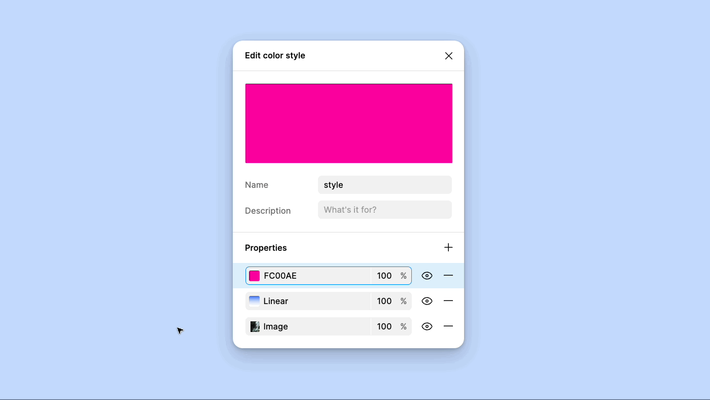 Editar el modal de estilo de color con un cursor que reordena la pila de rellenos de color