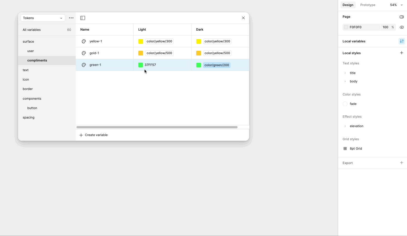 El modal de variables está abierto en una colección llamada Tokens y en un grupo llamado surface/compliments. Hay tres variables de color en este grupo: yellow-1, gold-1, y green-1. El cursor hace clic en la muestra de color de green-1 y se abre un menú del selector de color. El cursor se desplaza a la pestaña Bibliotecas y selecciona una variable llamada color/green/200.