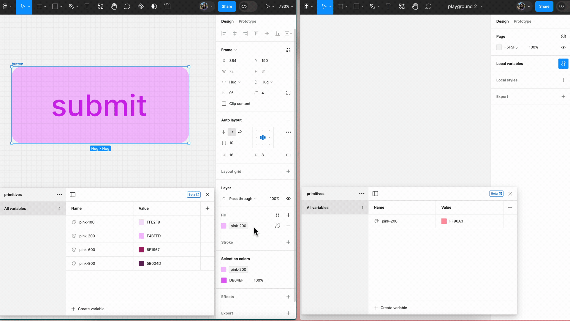 Zwei Figma-Dateien sind nebeneinander geöffnet, beide mit geöffnetem Variablenfenster. Beide Variablen-Collections haben den Namen „primitives“, beide enthalten eine Farbvariable mit dem Namen „pink-200“, jedoch mit unterschiedlichen Werten. Eine Datei verfügt über eine Schaltfläche mit dem Text „submit“ und einem Hintergrund, der die Variable „pink-200“ verwendet. Die Schaltfläche wird kopiert und in die andere Datei eingefügt. Die Hintergrundfarbe bleibt mit „pink-200“ verbunden, aber der Wert ändert sich.
