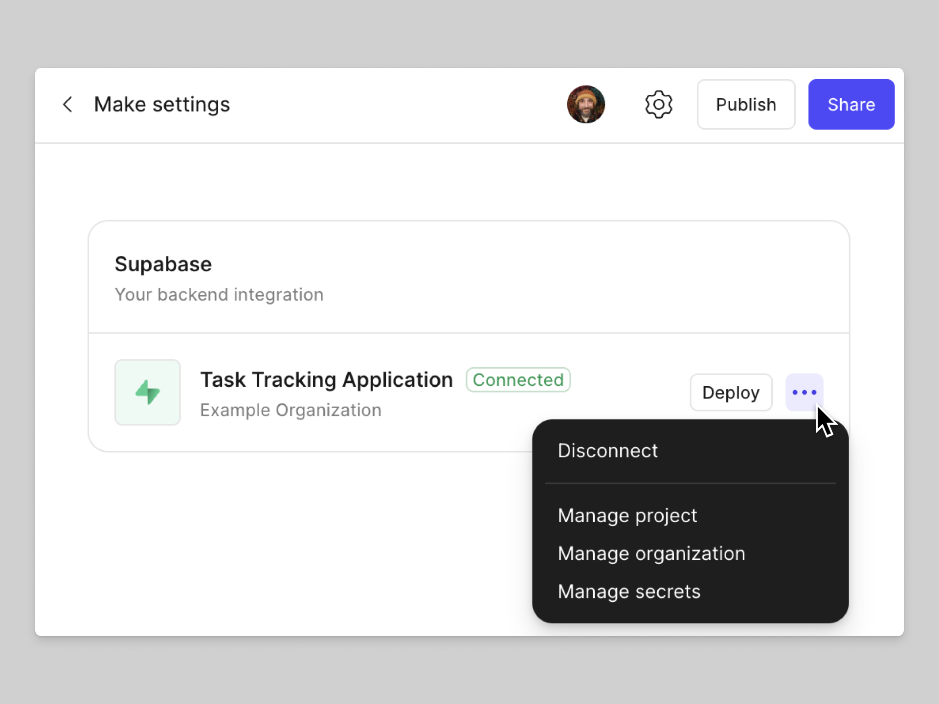 The Supabase settings section that is found in Make settings.