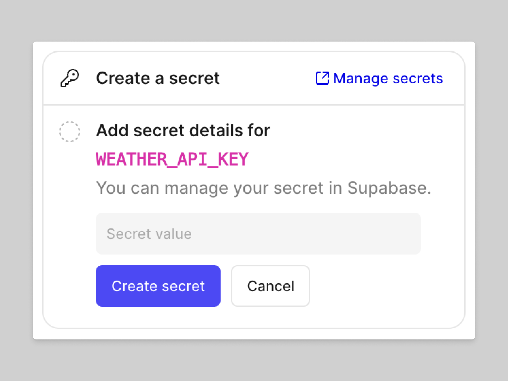 The Create a secret box that contains an input field labeled Add secret details.
