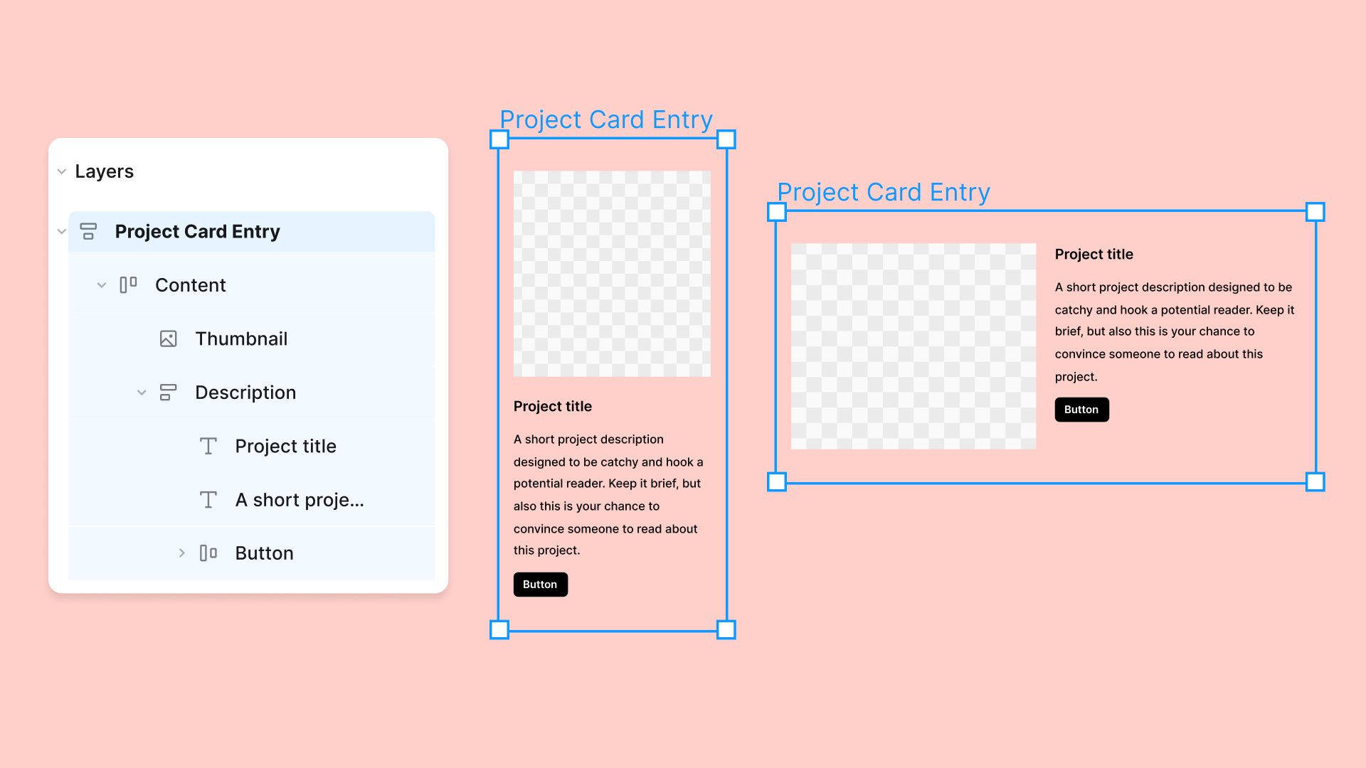 Project card design containing multiple auto layout frames in a vertical and horizontal orientation