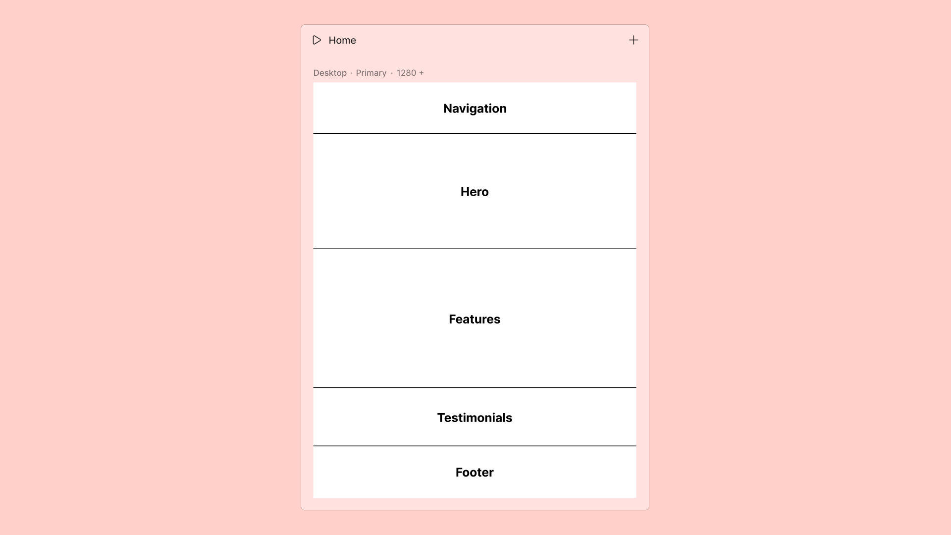 Webpage layout showing placeholder top-level frames stacked vertically. The frames are labelled: Navigation, Hero, Features, Testimonials, and Footer