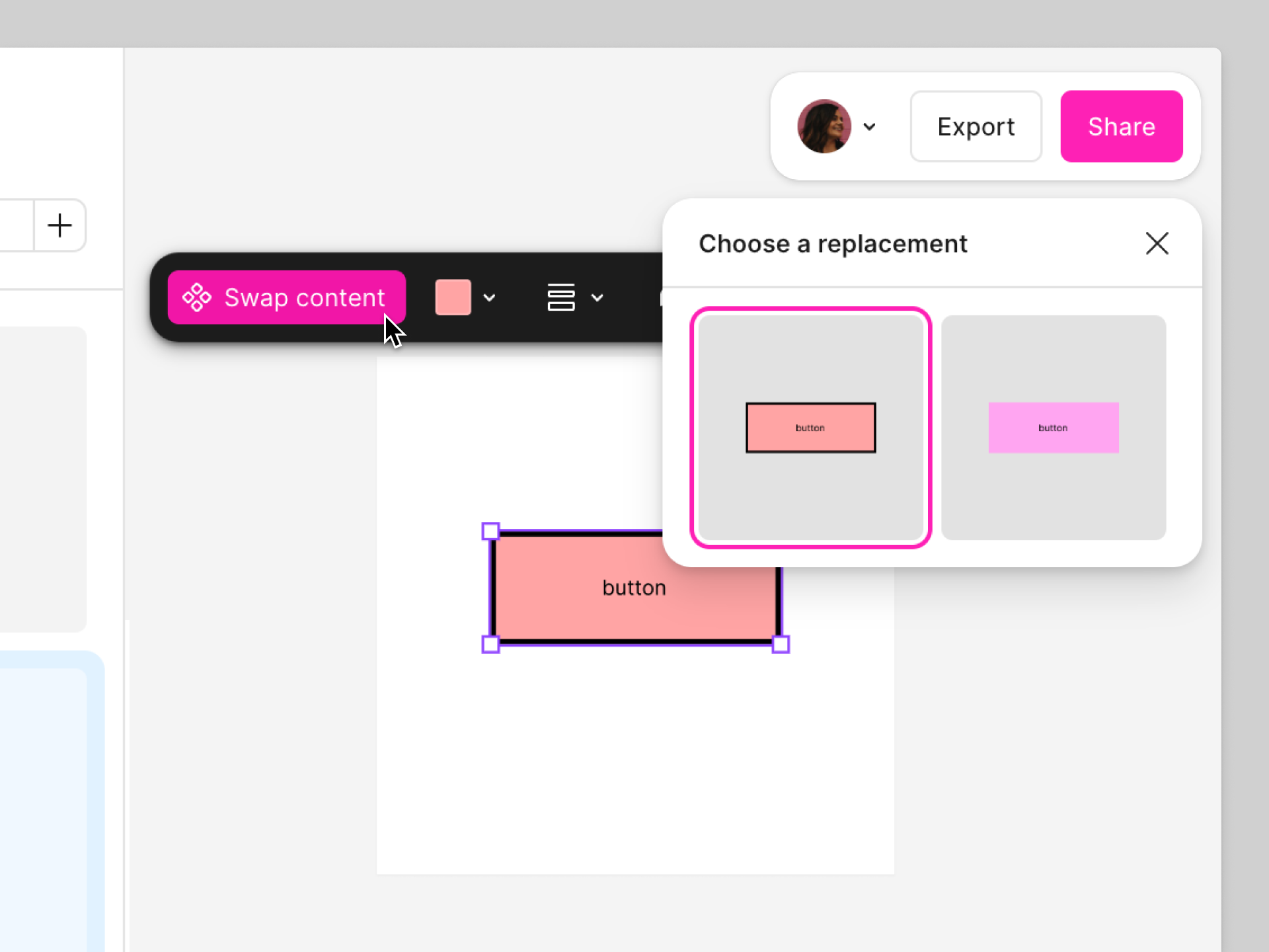 Switch between variants of a component by clicking Swap content.