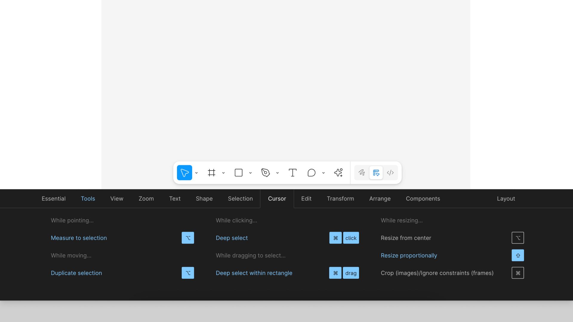 The keyboard shortcuts panel