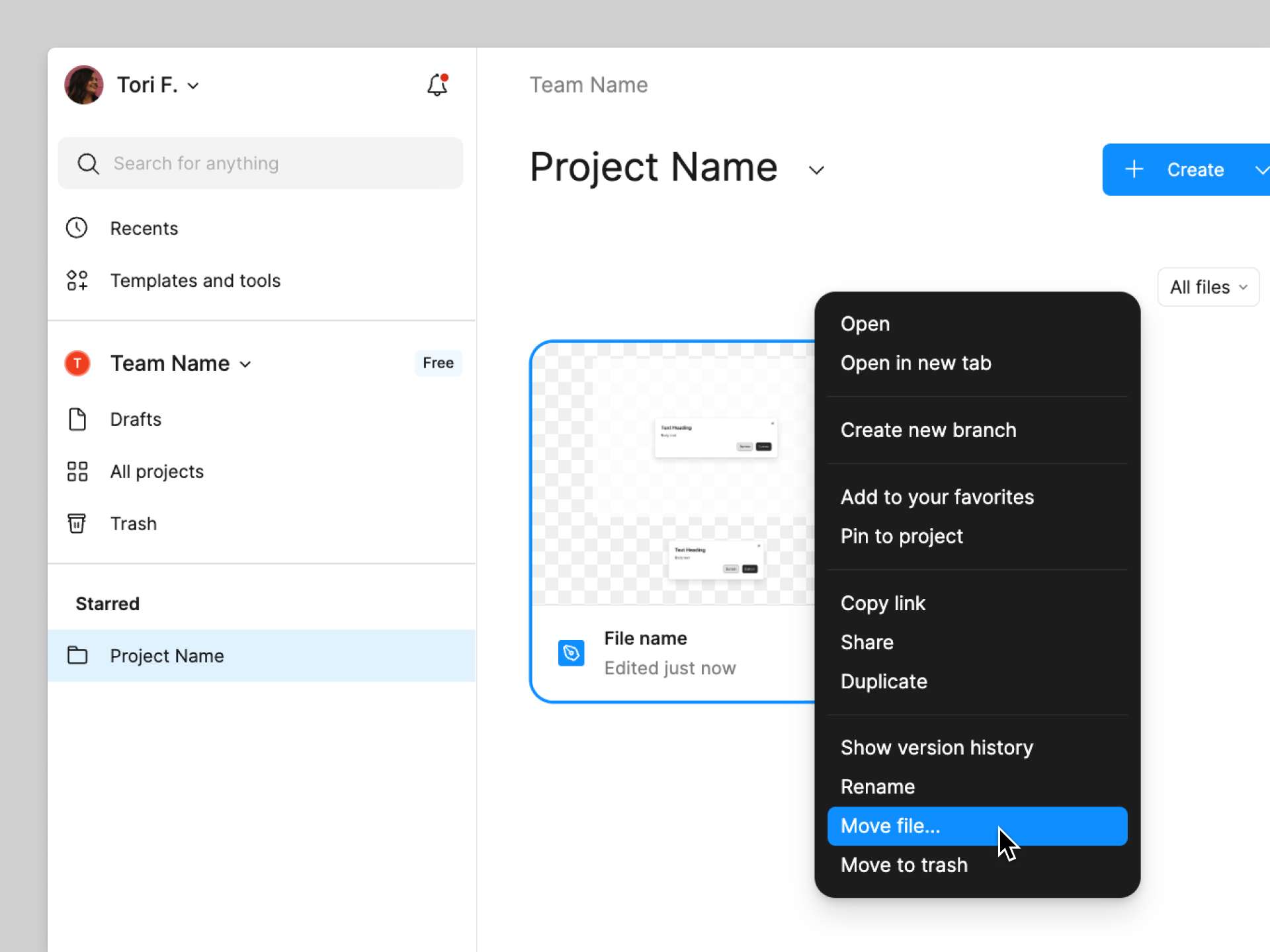 Right-click menu on a file with the move file option highlighted