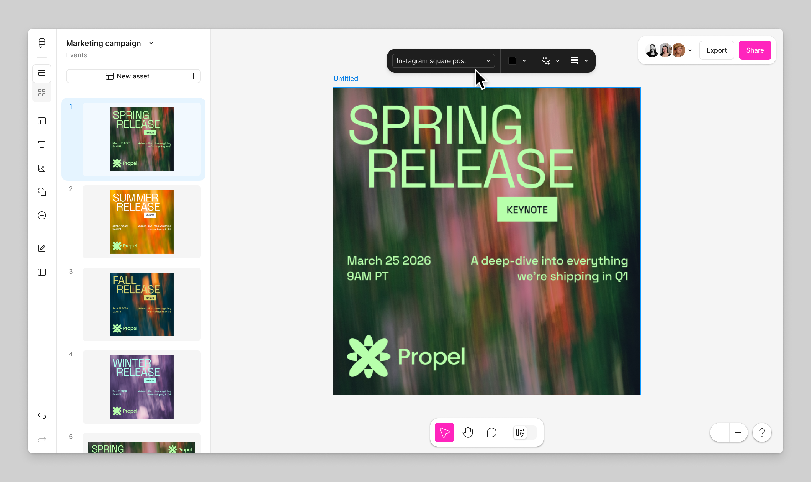 An asset is selected in Figma Buzz. Choose a new asset size from the dropdown in the inline toolbar.