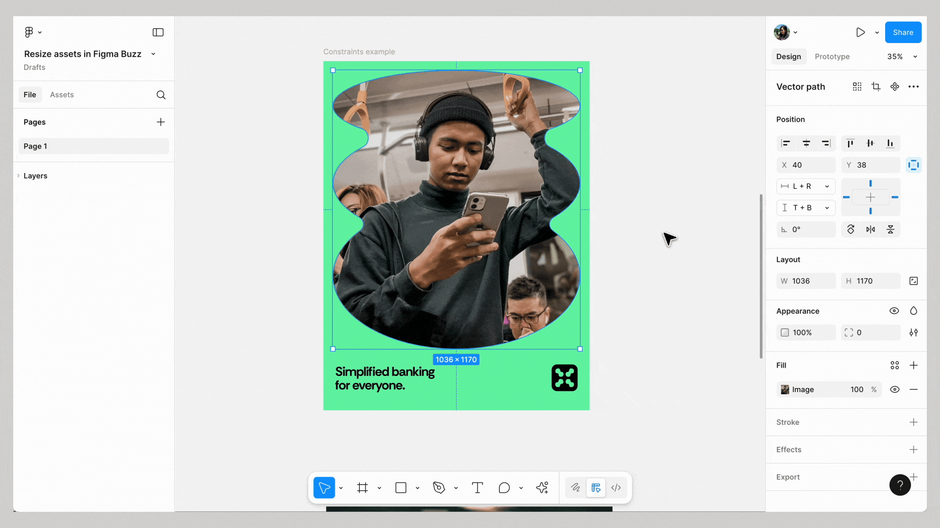 Constraints are applied to image and logo in Figma Design. Then the design in pasted into Figma Buzz. When the user resizes the asset, the image and logo adapts to new size.