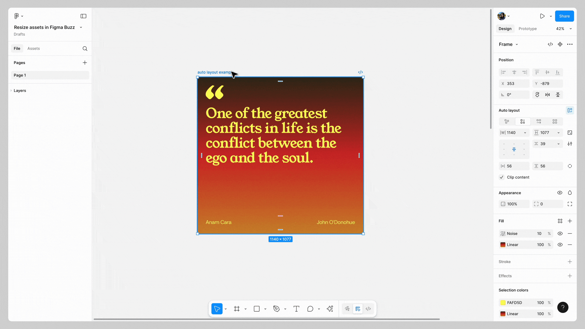 Autolayout is applied in Figma Design. Then, in Figma Buzz, the asset is resized, with the text on the asset adapting to the new size.