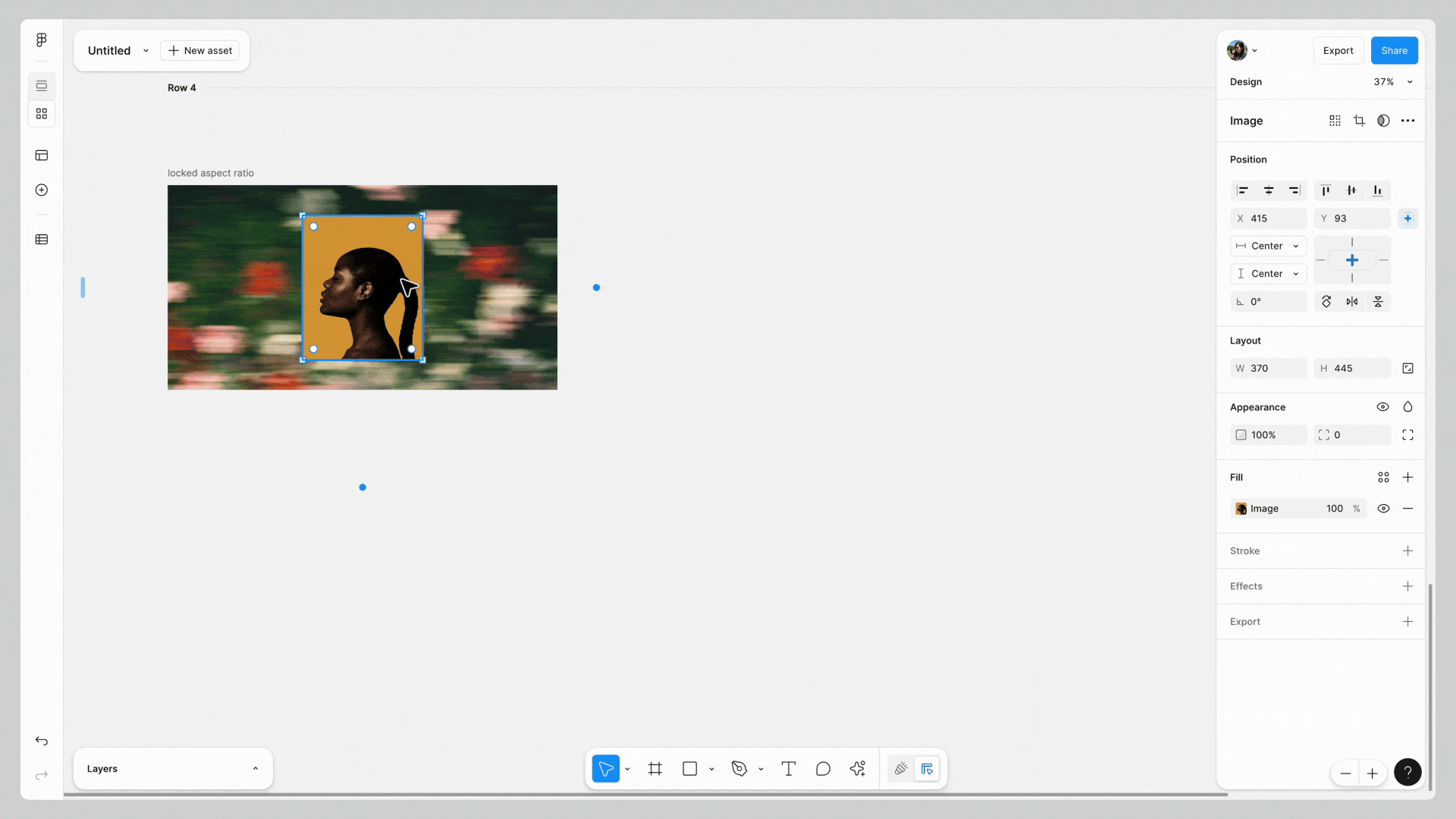 An asset is resized, and the image in the asset does not maintain proportions when resized. Then, aspect ratio is locked on the image. When the asset is resized, the image retains proper proportions.