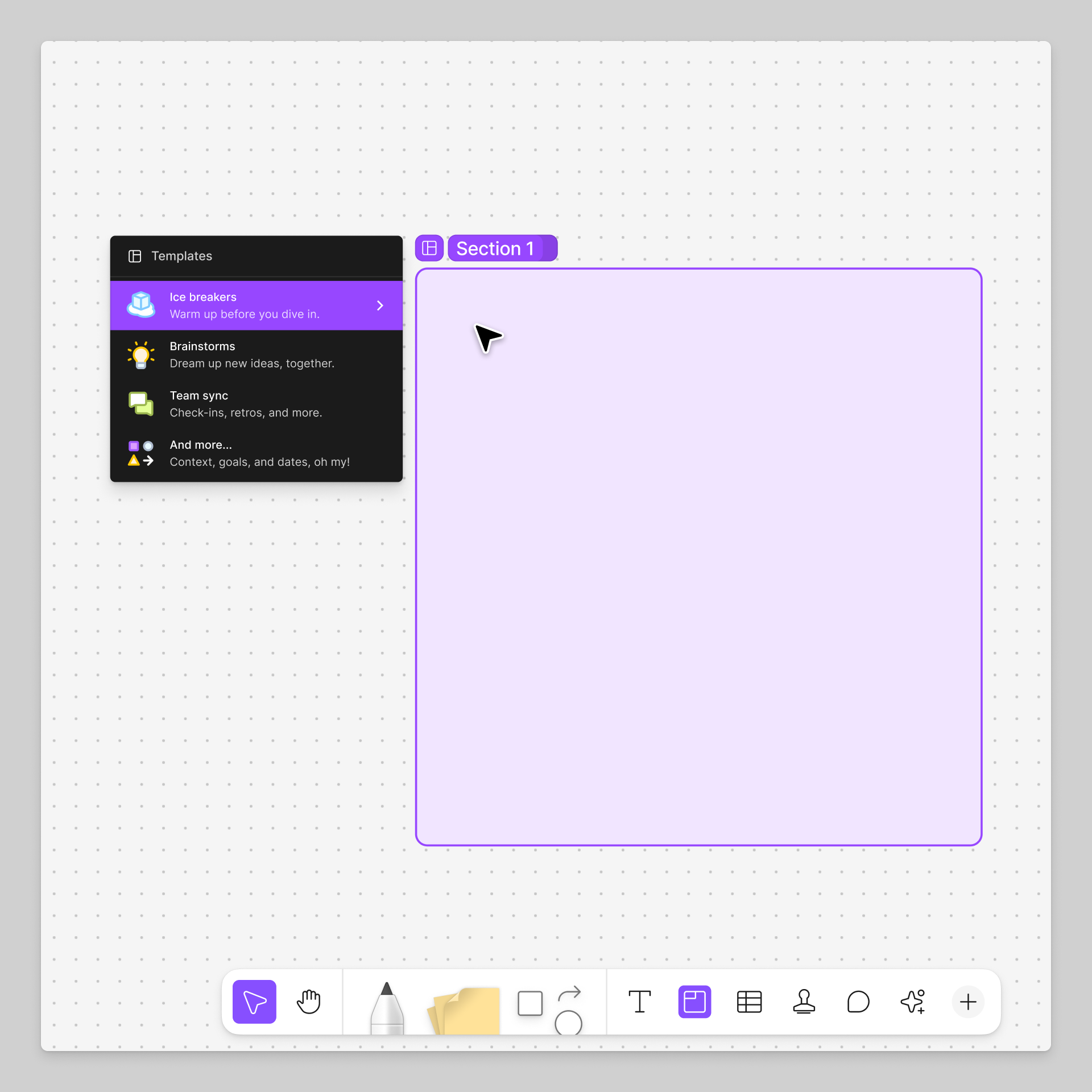 Section being added to a FigJam board with template picker exposed.png