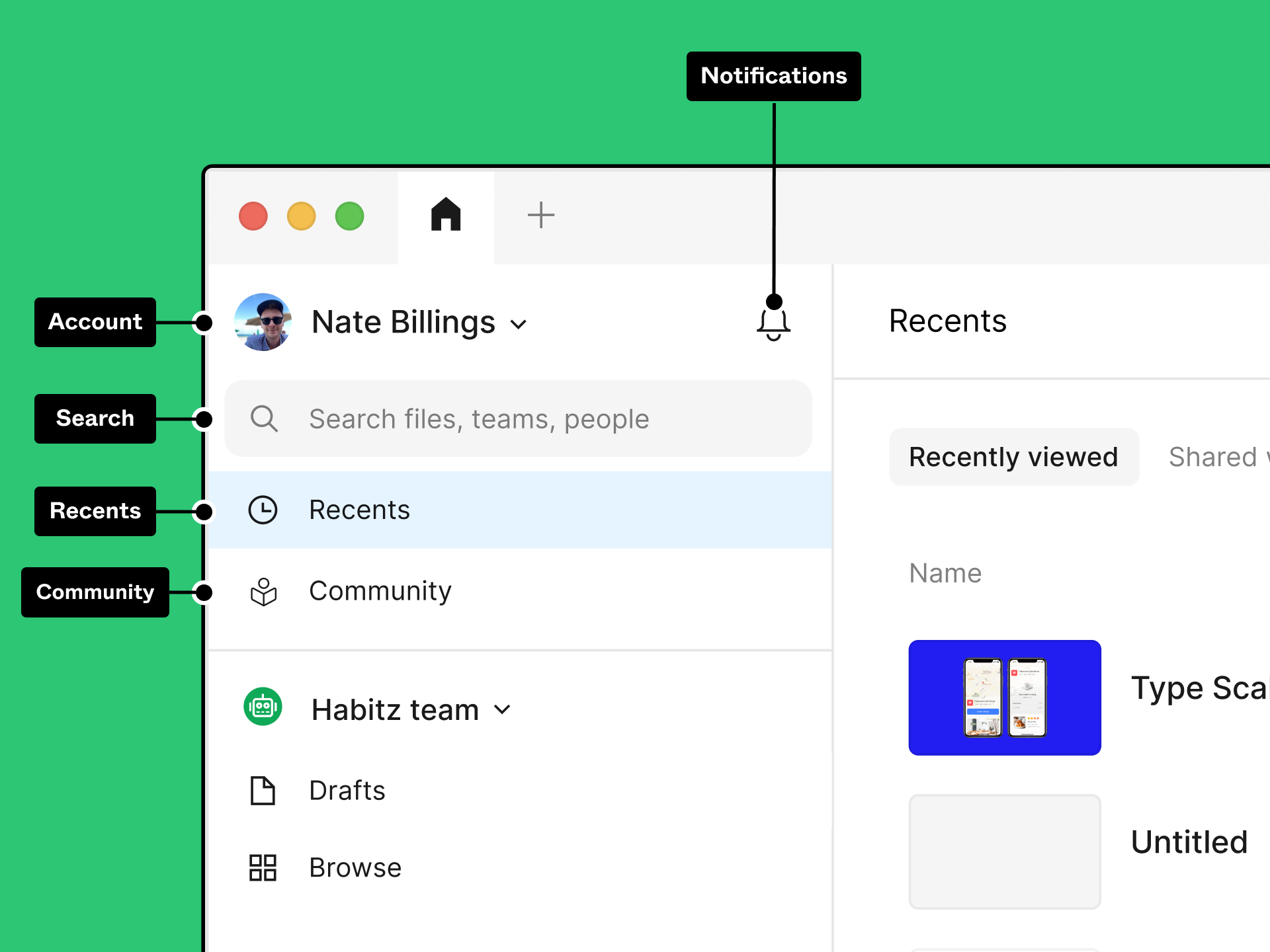 File browser view displaying sidebar with account details, search, recents, community options; recents panel shows files.