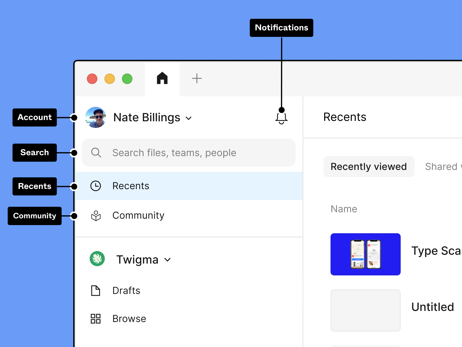 Enterprise file browser showing account, search, recents, community options, and notifications; recent files panel visible.