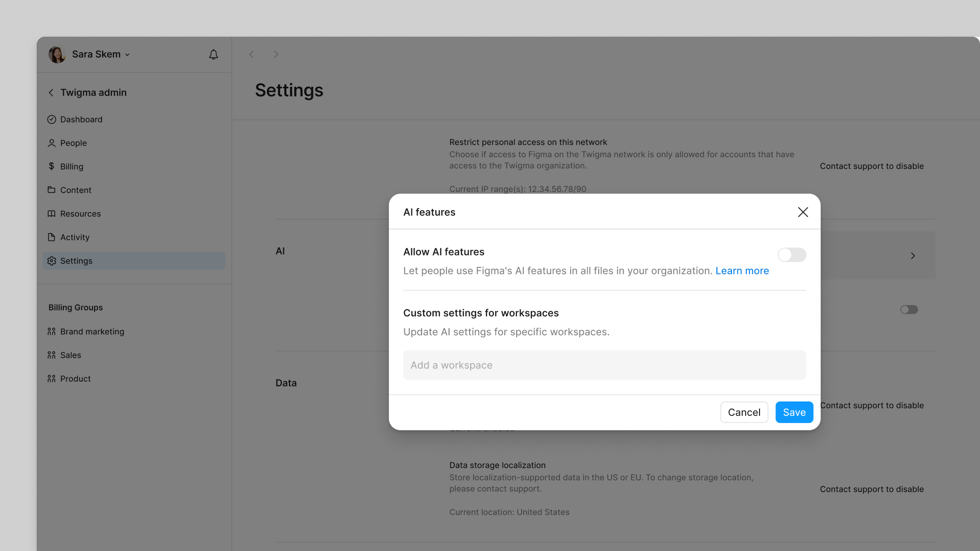 Update workspace or organization AI access from settings.