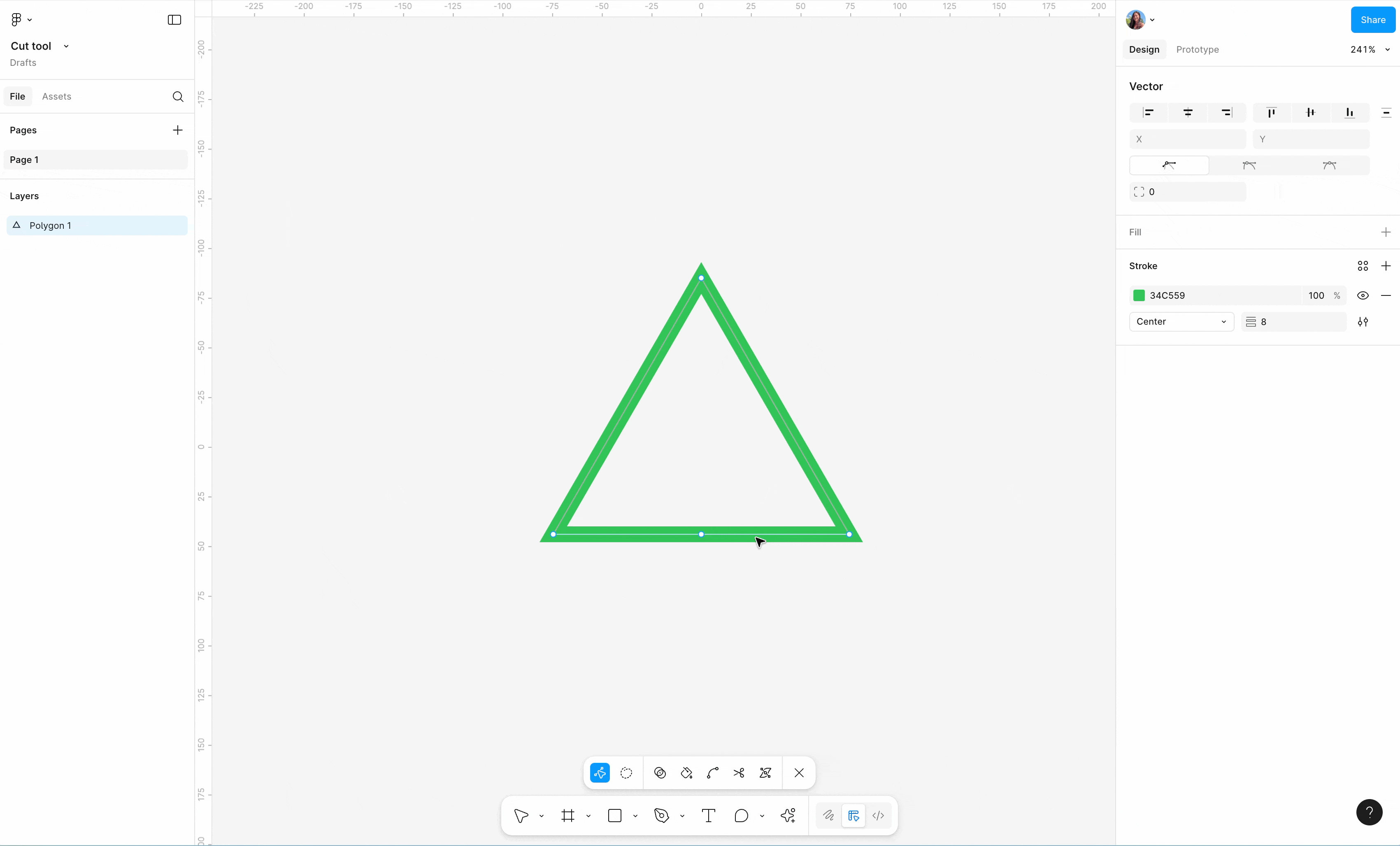 Animation showing using the cut tool on a green triangle to split the vector path. 