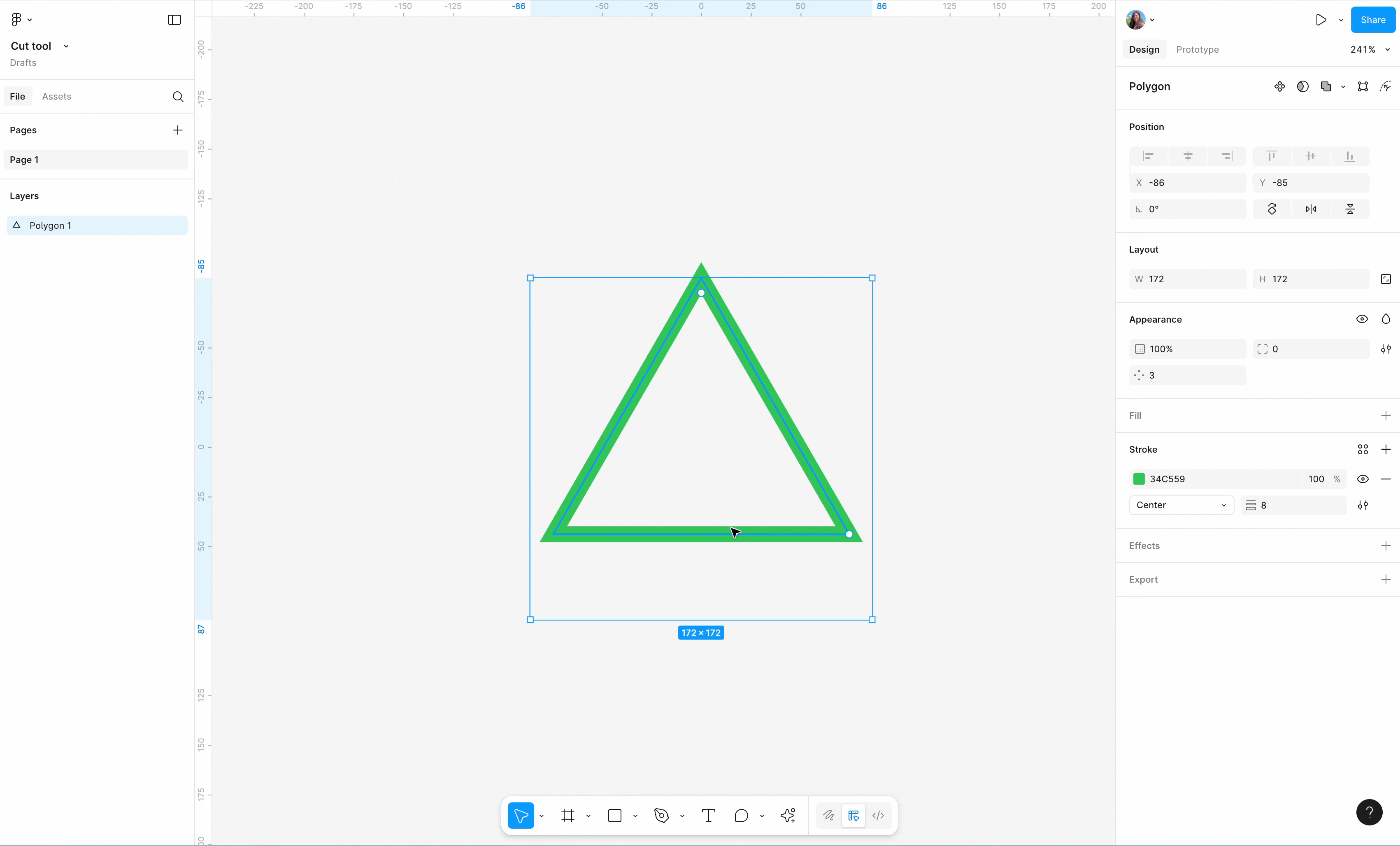 Animation showing using the cut tool on a green triangle to divide the vector path. 