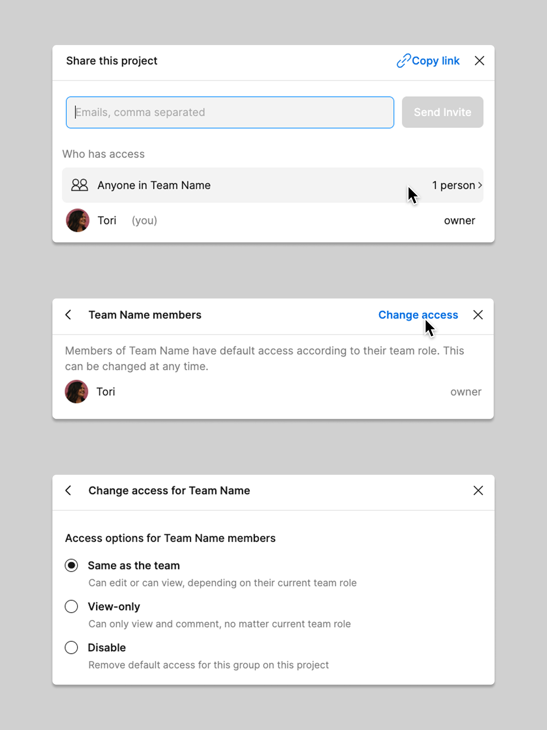 Change the default team access setting from the project share modal.