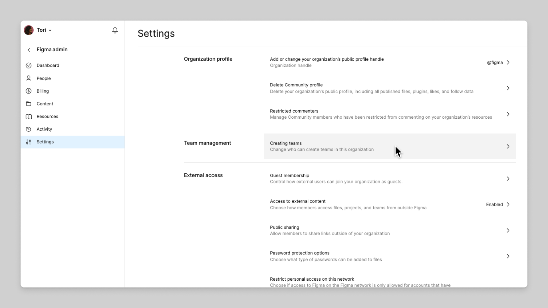 The Team management section of admin settings.