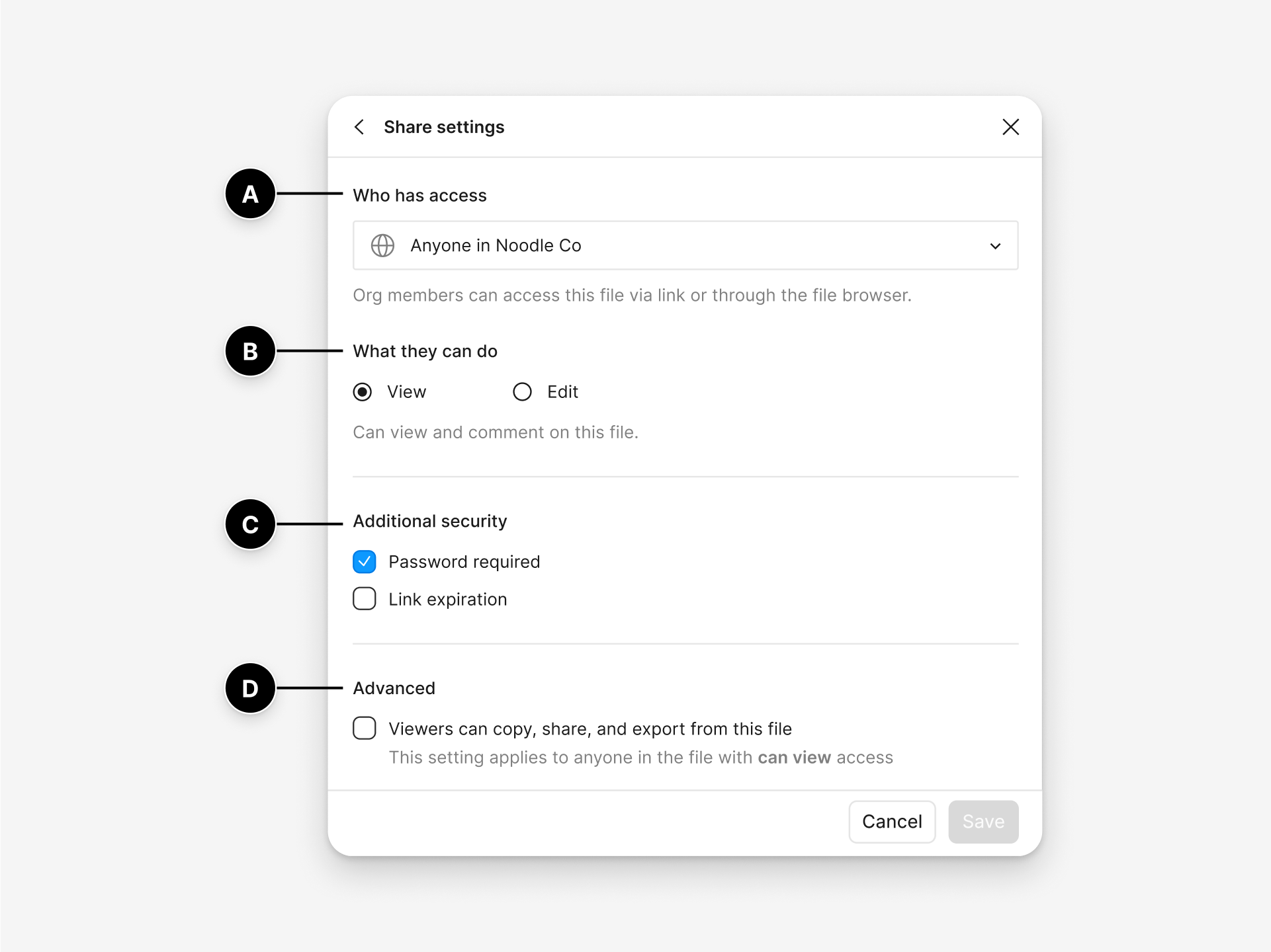 An annotated image of the share settings, where you can set organization access to a file and additional security settings.