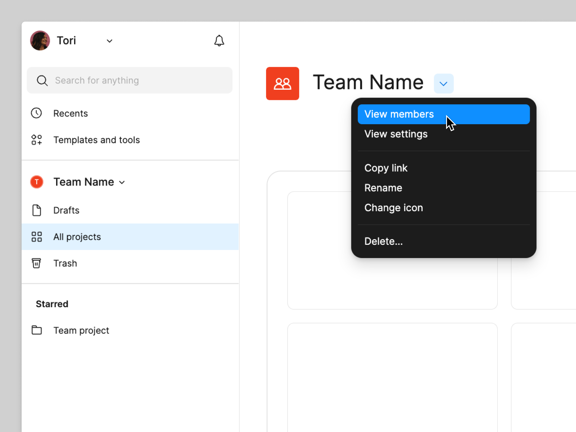 View team members from the dropdown menu next to the team name.