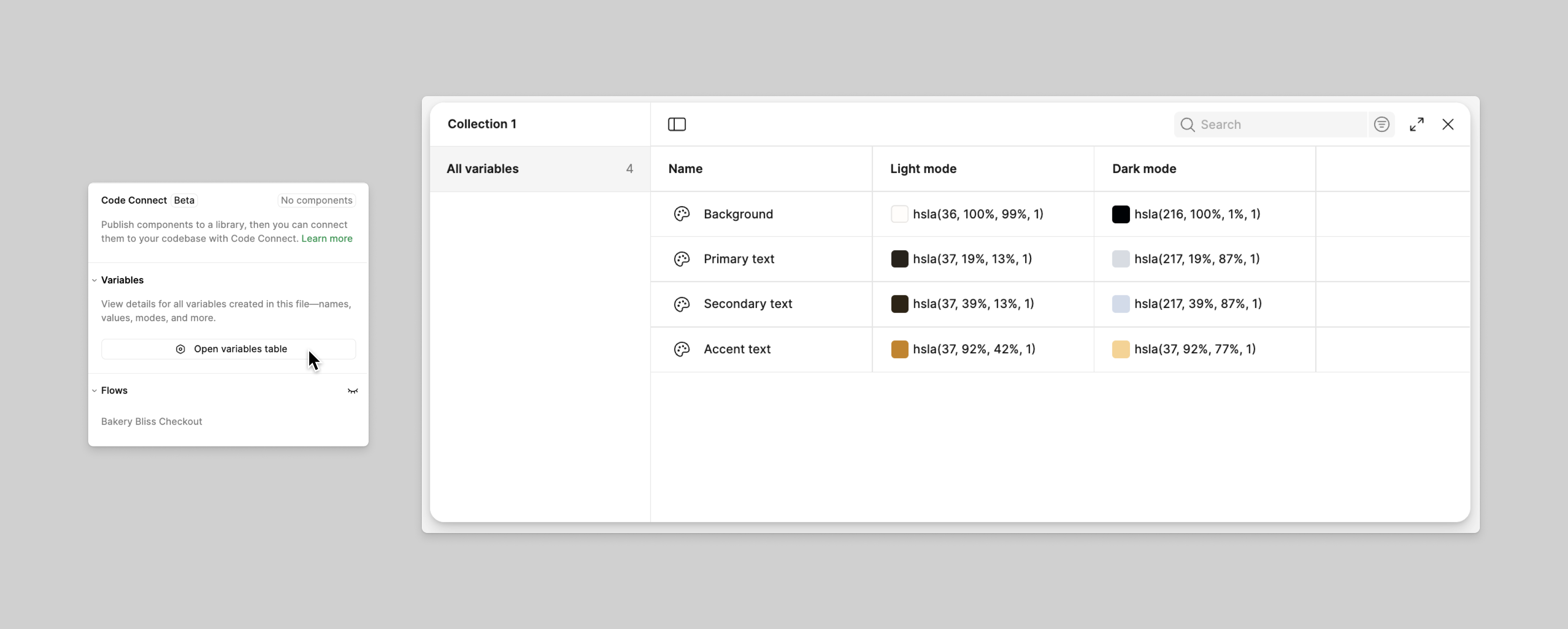 Dev Mode panel displays variable details: names, light and dark mode values for Background, Primary, Secondary, and Accent text.