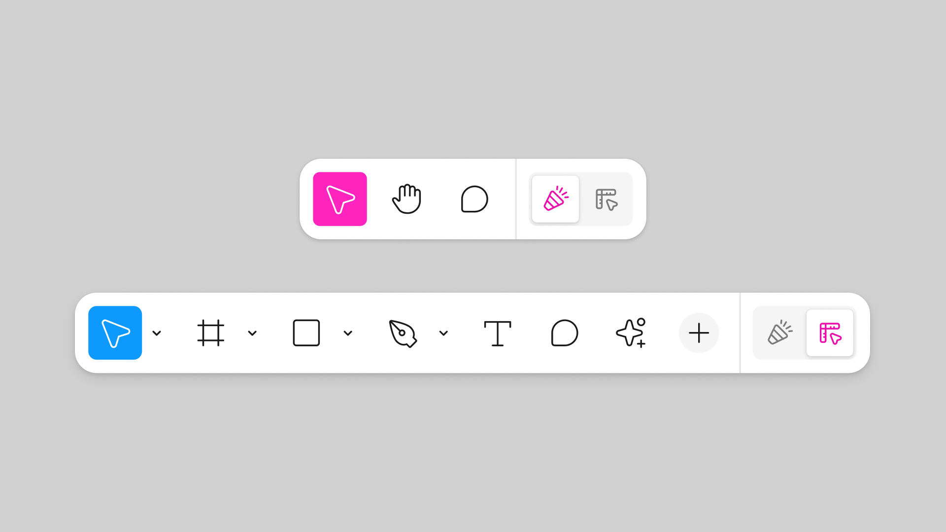 Top: Basic toolbar with move and comment tools. Bottom: Expanded design mode with additional shape and text tools.