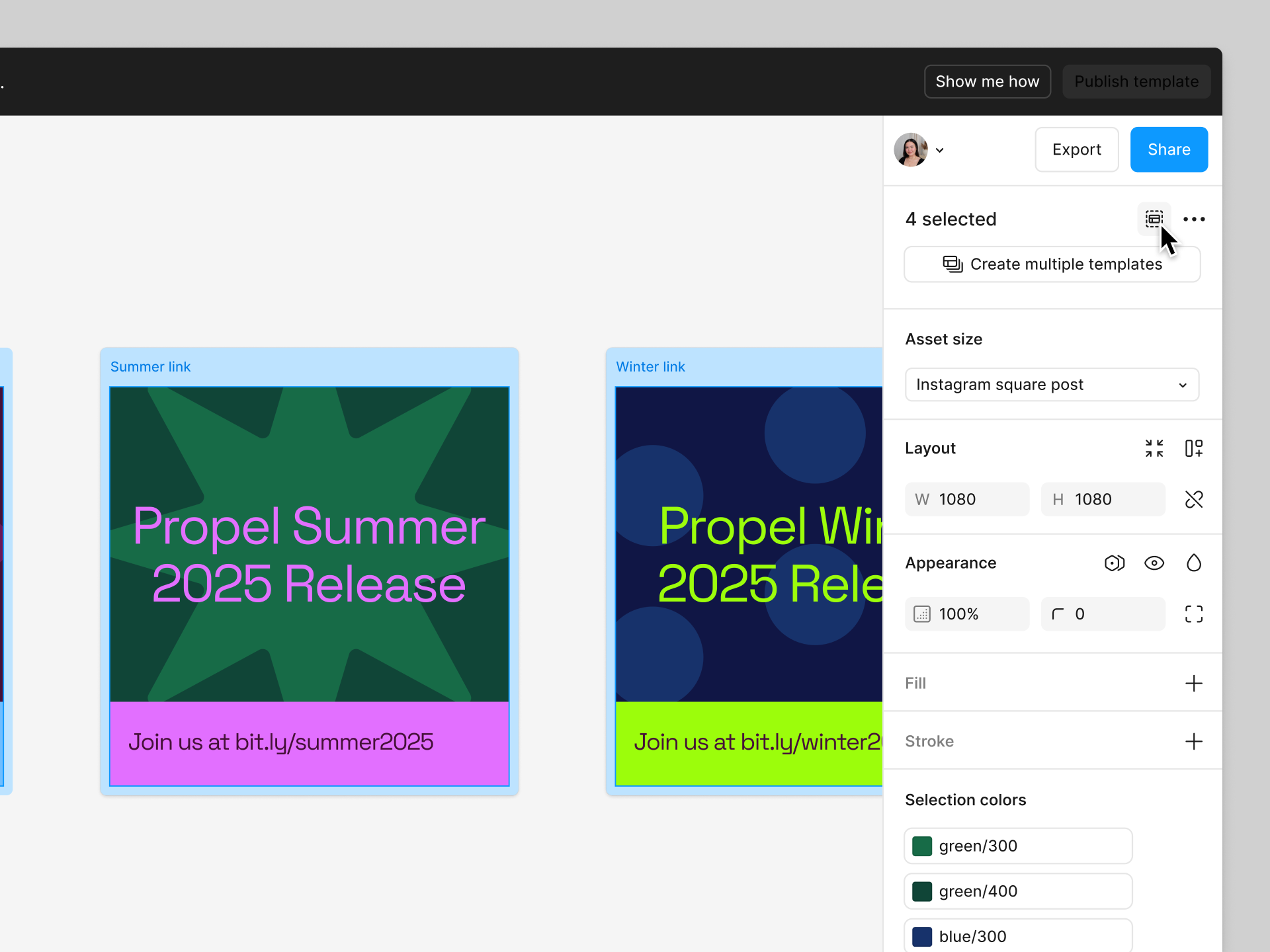 Multiple assets are selected on the canvas. The mouse is hovering over a _Create template set_ icon in the right sidebar.
