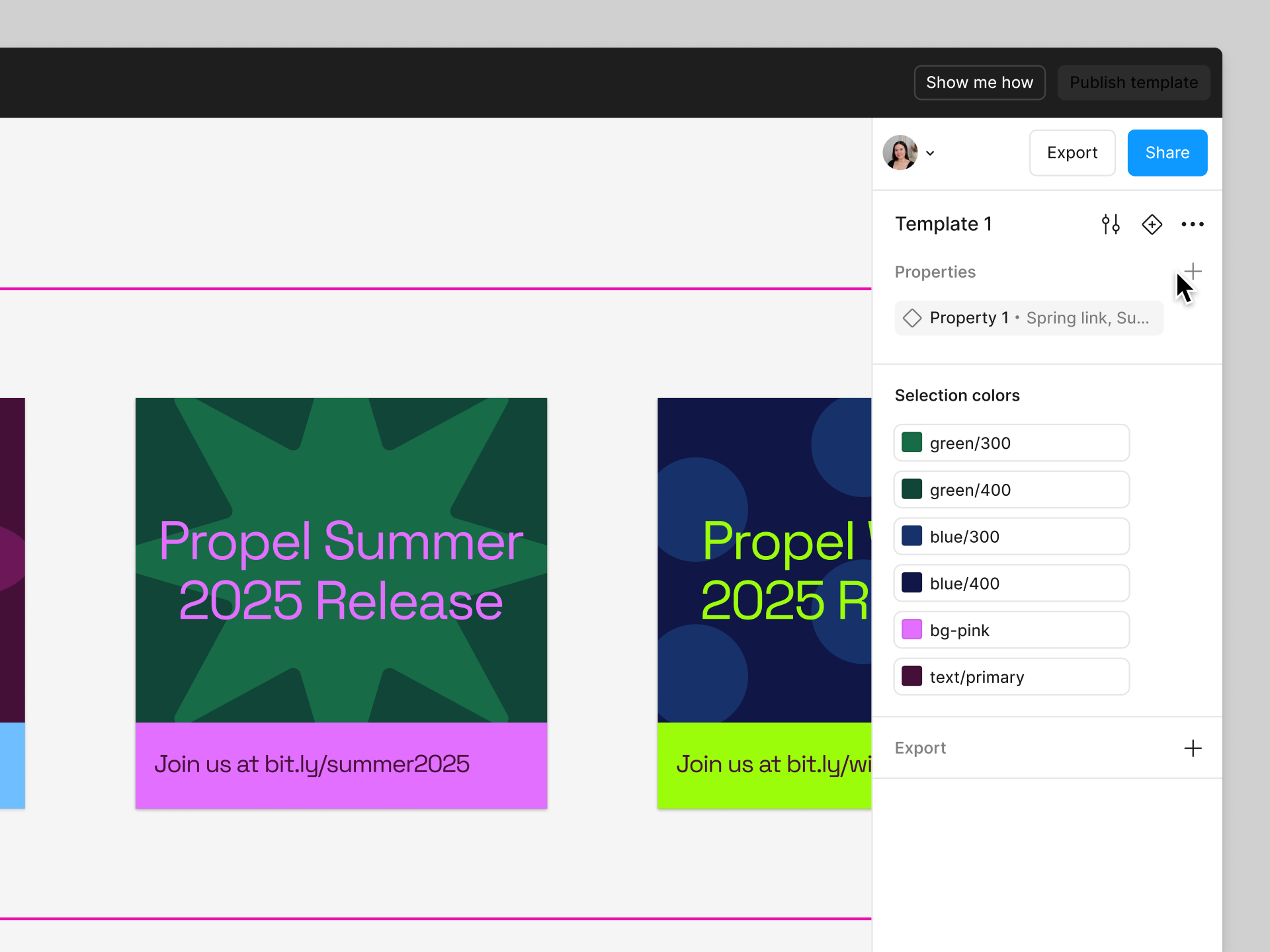 A template set is selected. From the right sidebar in Design mode, you can add and configure variant properties.