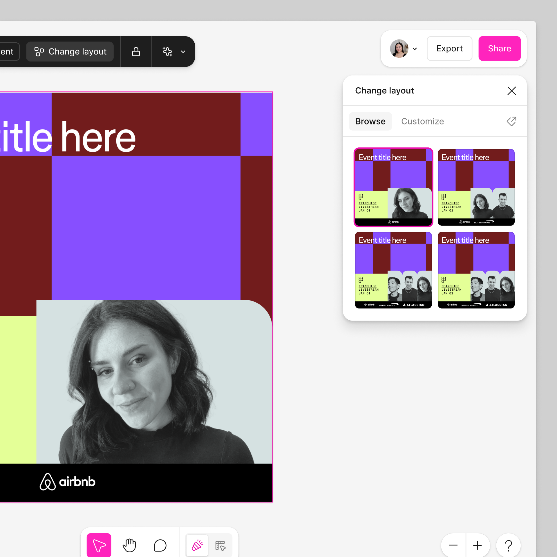 An asset is selected, and the _Change layout_ button from the toolbar is also selected. There is a _Change layout_ modal with a _Browse_ tab with different template variations to select from.