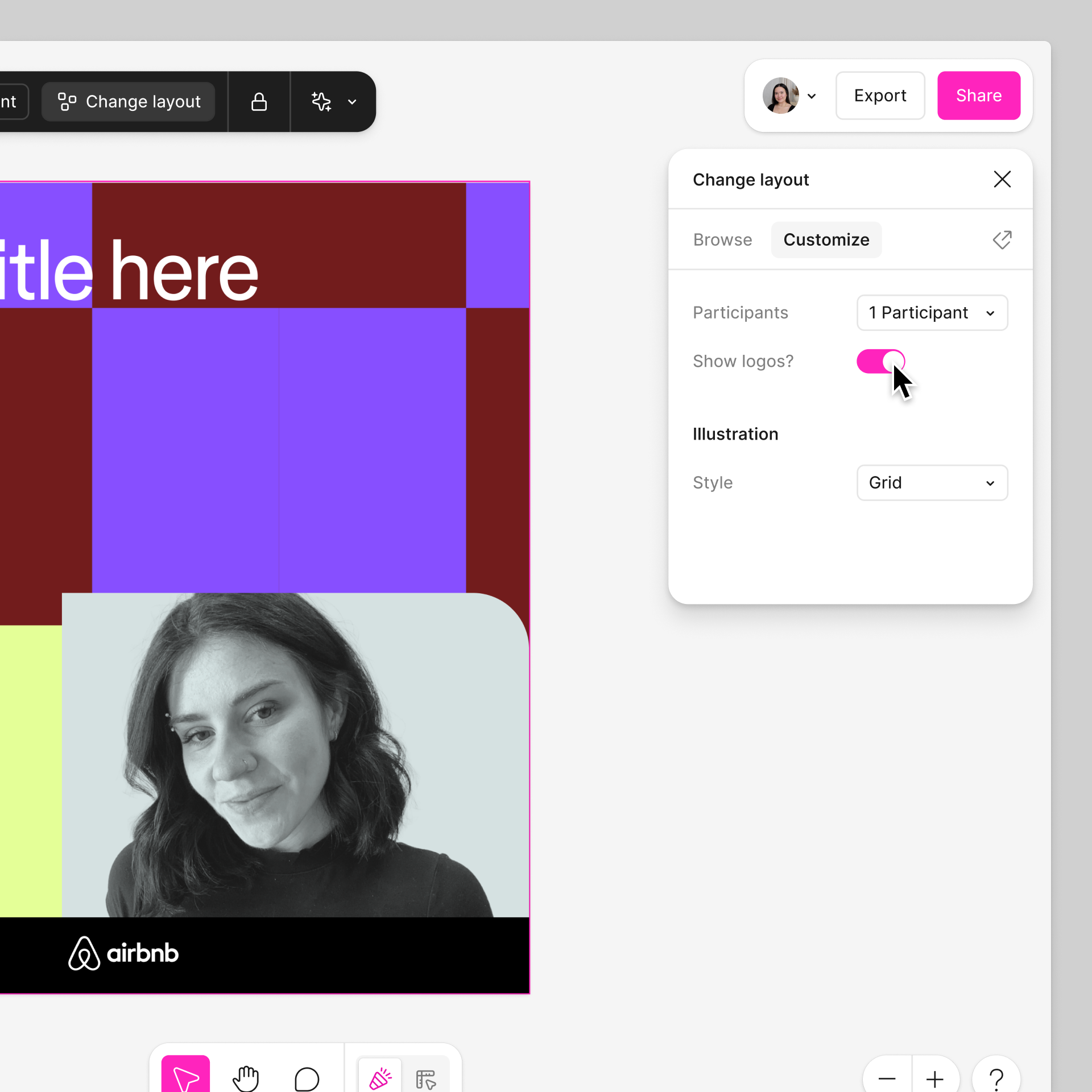 An asset is selected, and the _Change layout_ button from the toolbar is also selected. There is a _Change layout_ modal with a _Customize_ tab with different template configurations to set.