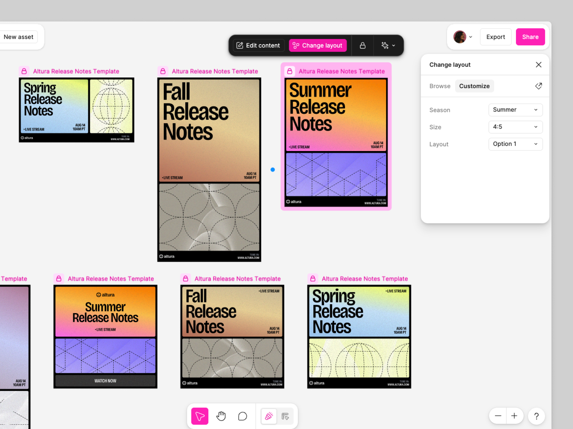 An assortment of configurable templates in Figma Buzz, with dropdown toggles to customize the template based on component properties.